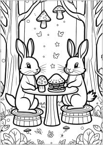 Two little rabbits eating in the forest