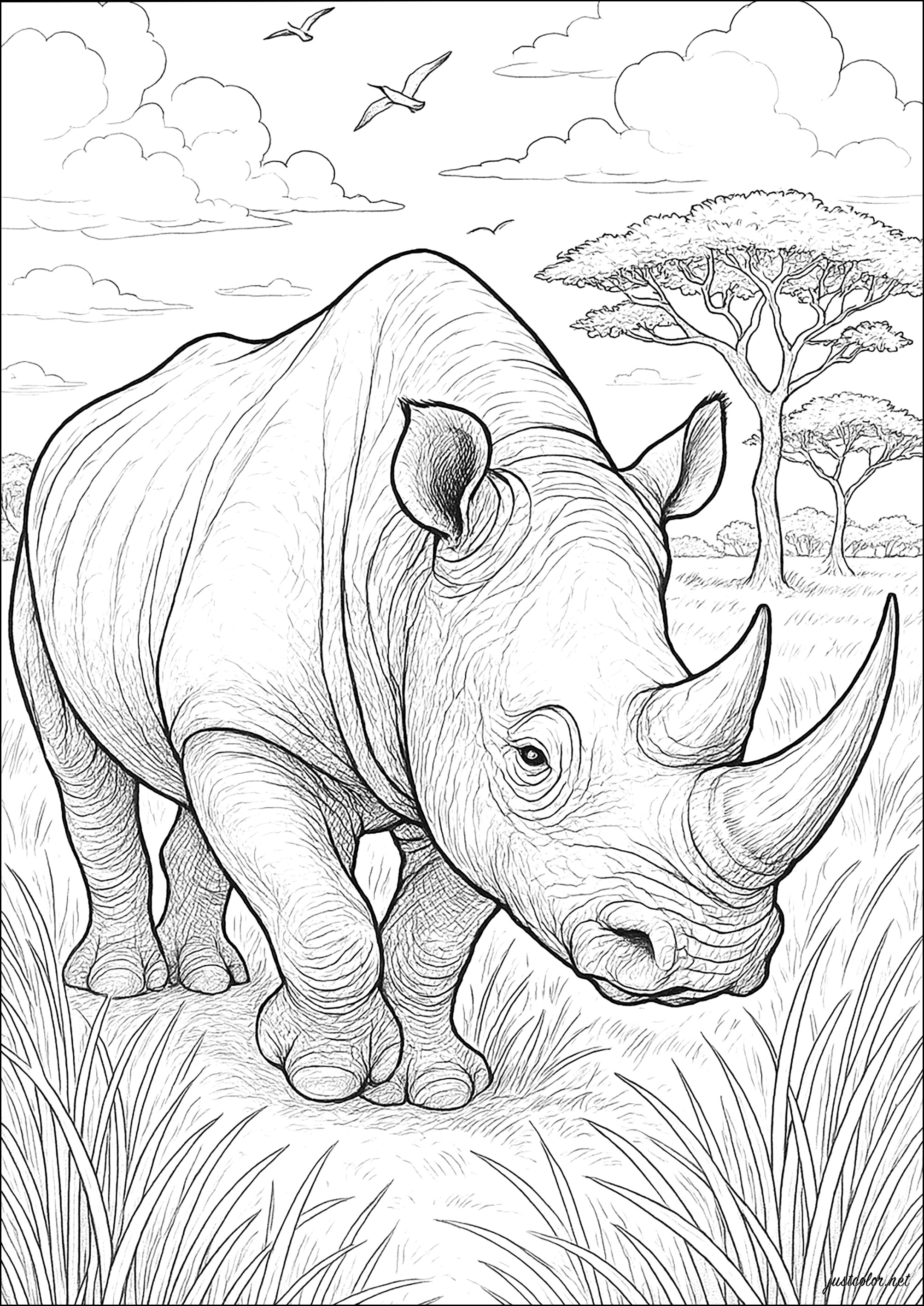 Majestic savannah rhinoceros (Printable Coloring Page for adults)