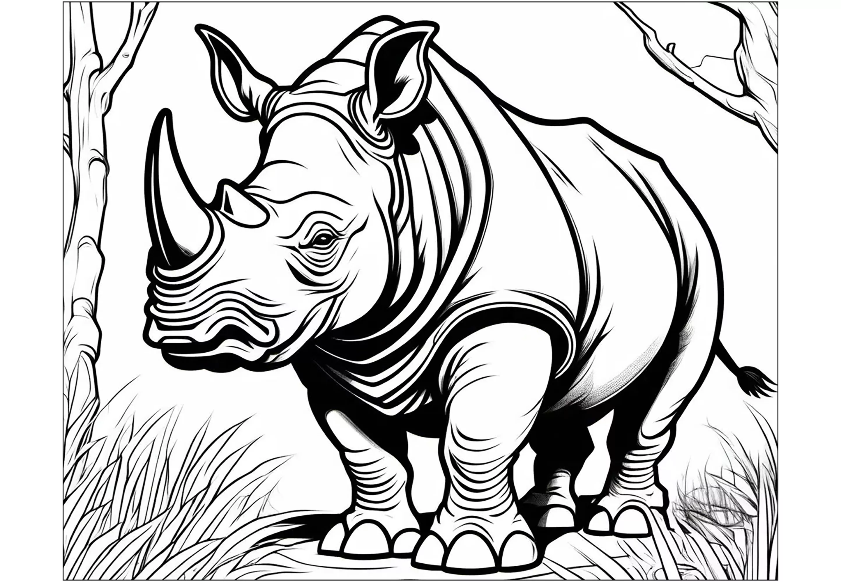 Rhinoceros with thick lines (Printable Coloring Page for adults)