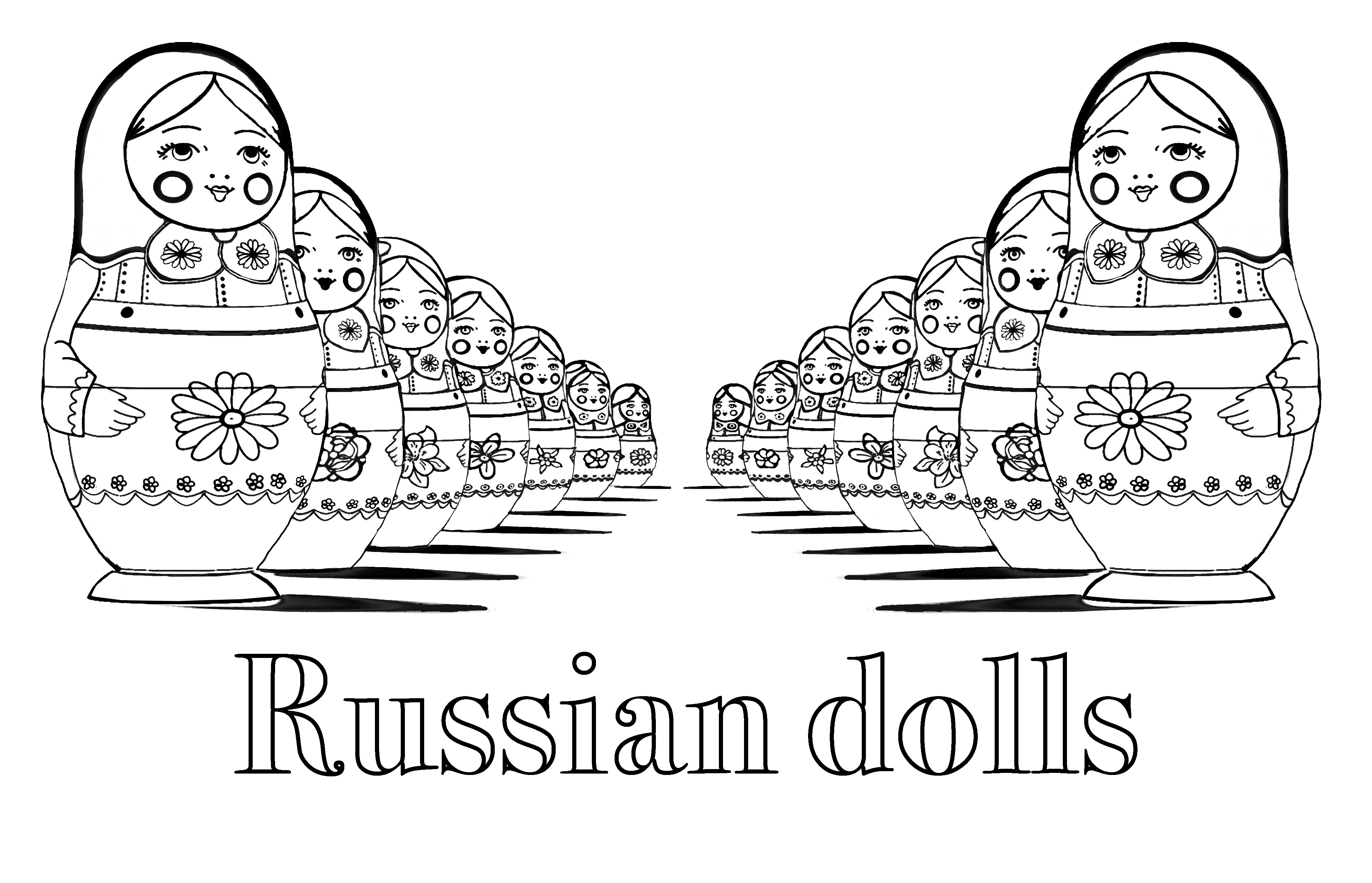 Coloring page adult russian dolls perspective double with text