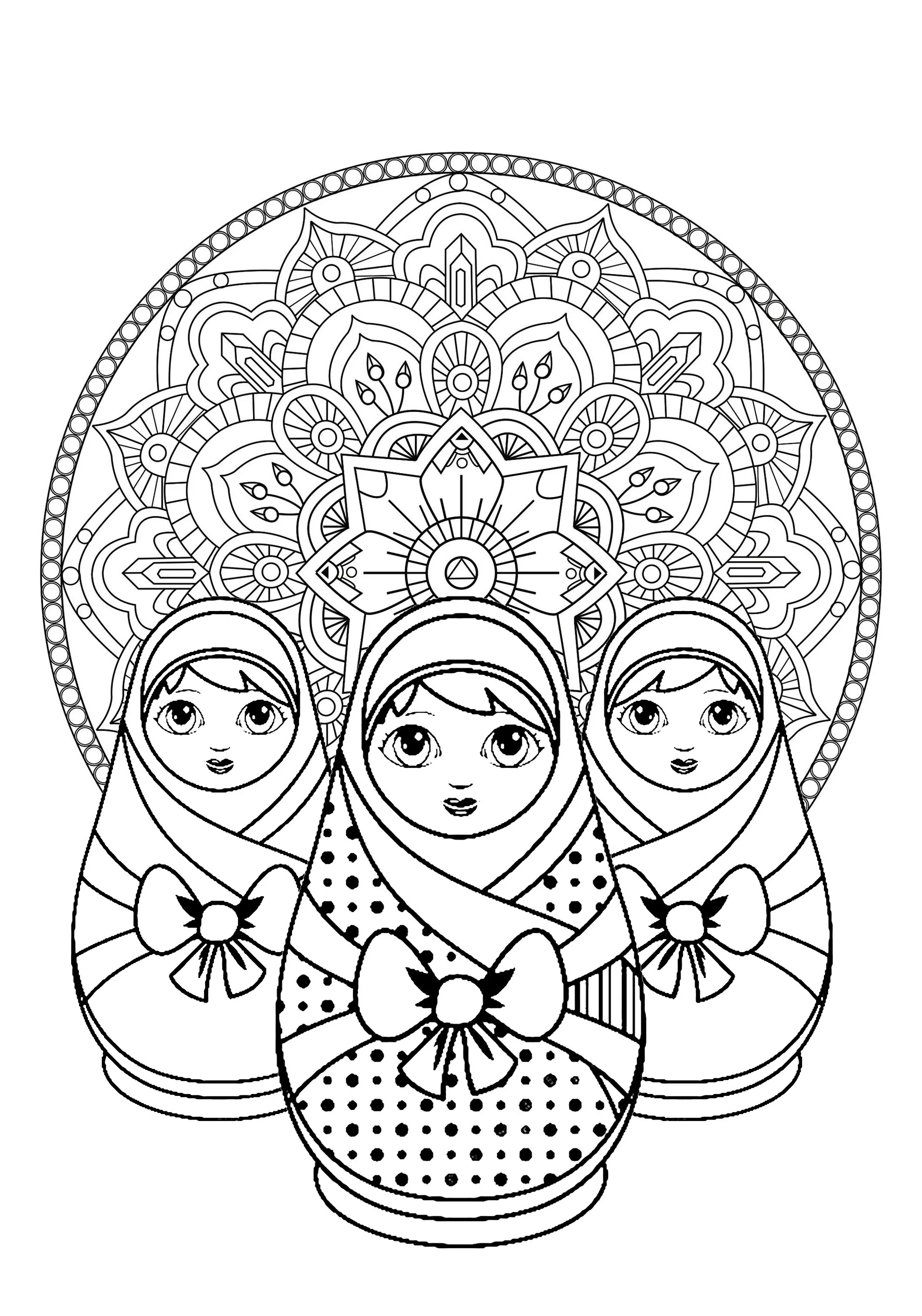 Three Russian dolls with beautiful Mandala in background (Printable Coloring Page for adults)