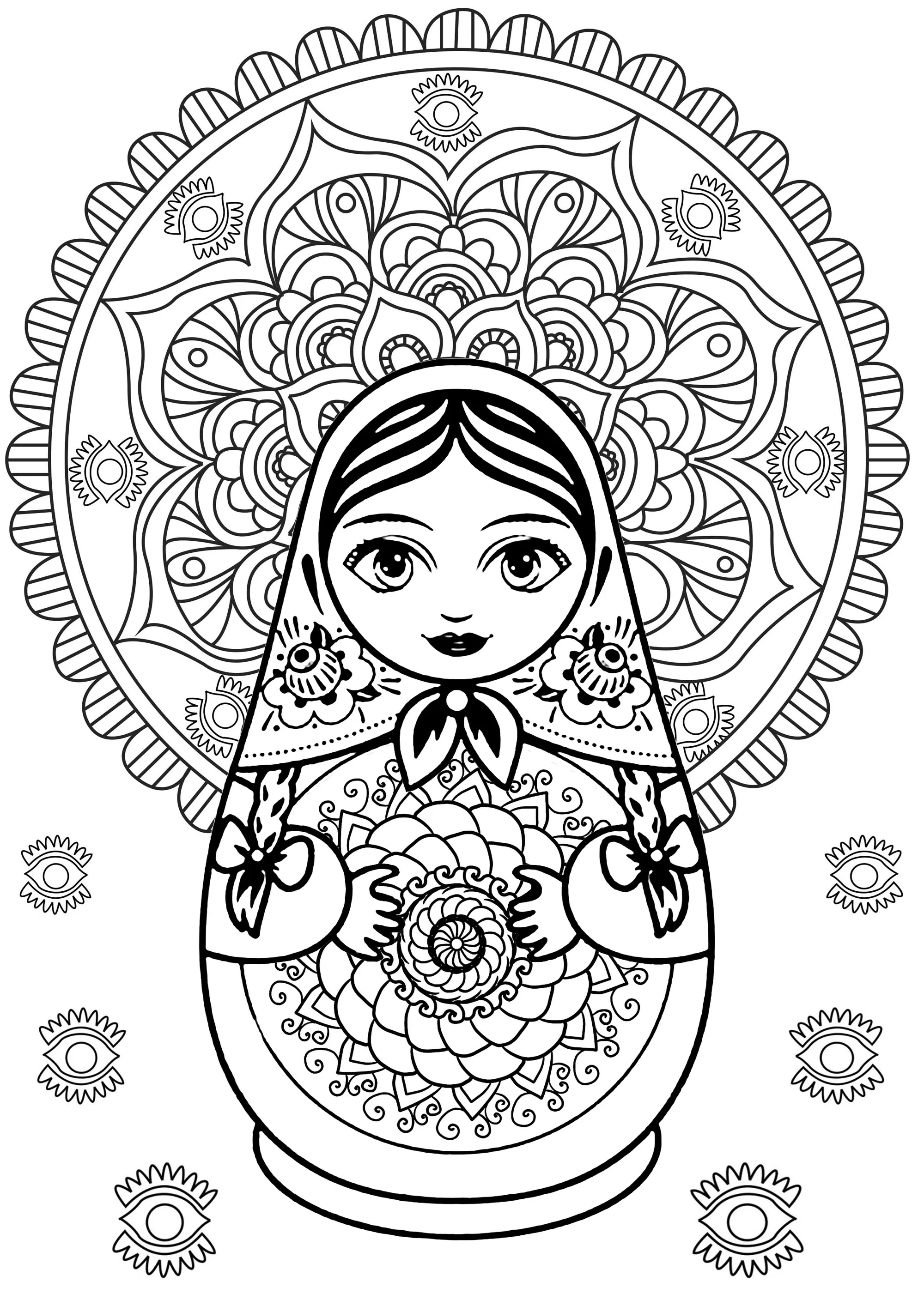 Mandala & Russian doll (Printable Coloring Page for adults)