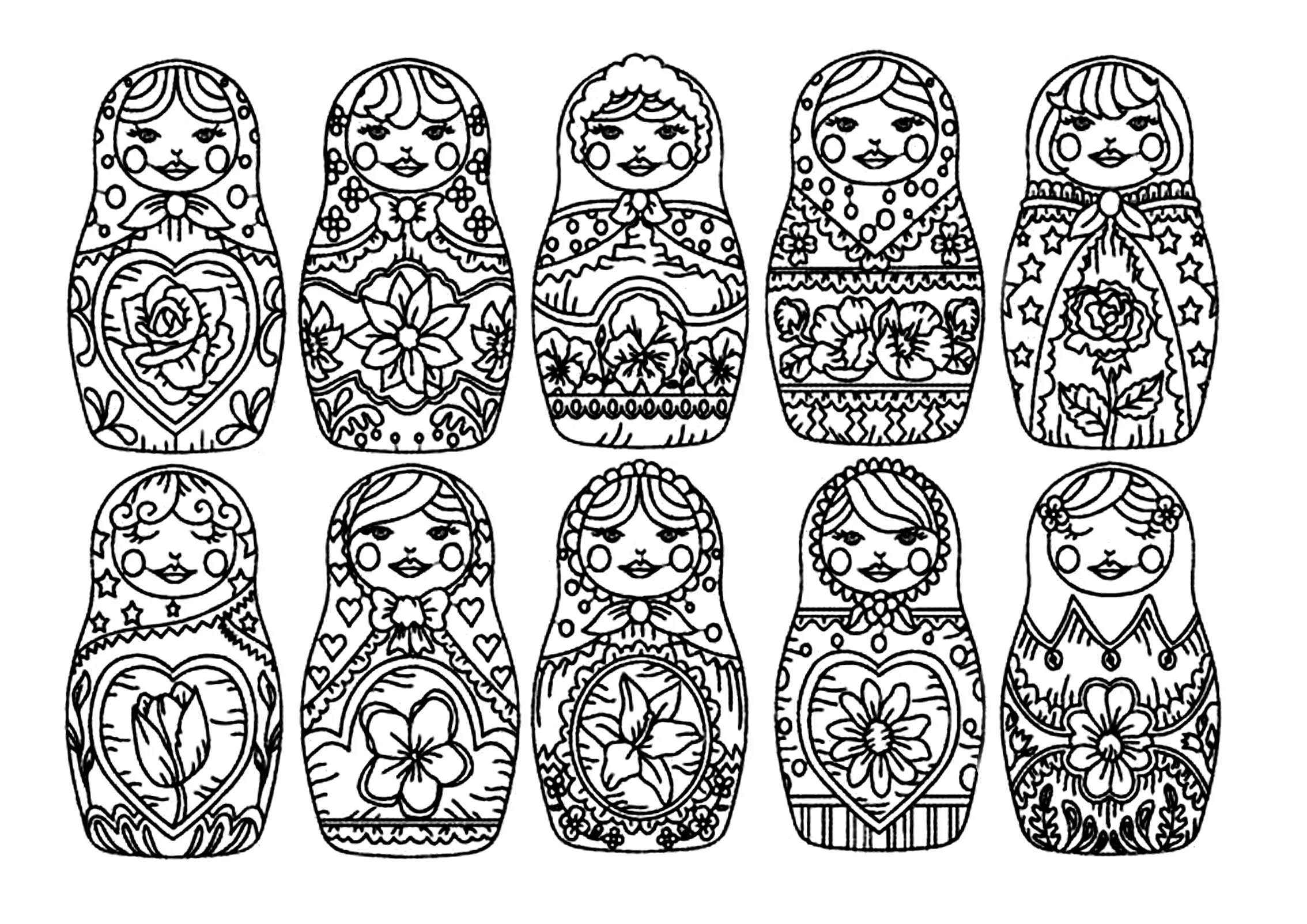 Russian dolls - 1 (Printable Coloring Page for adults)