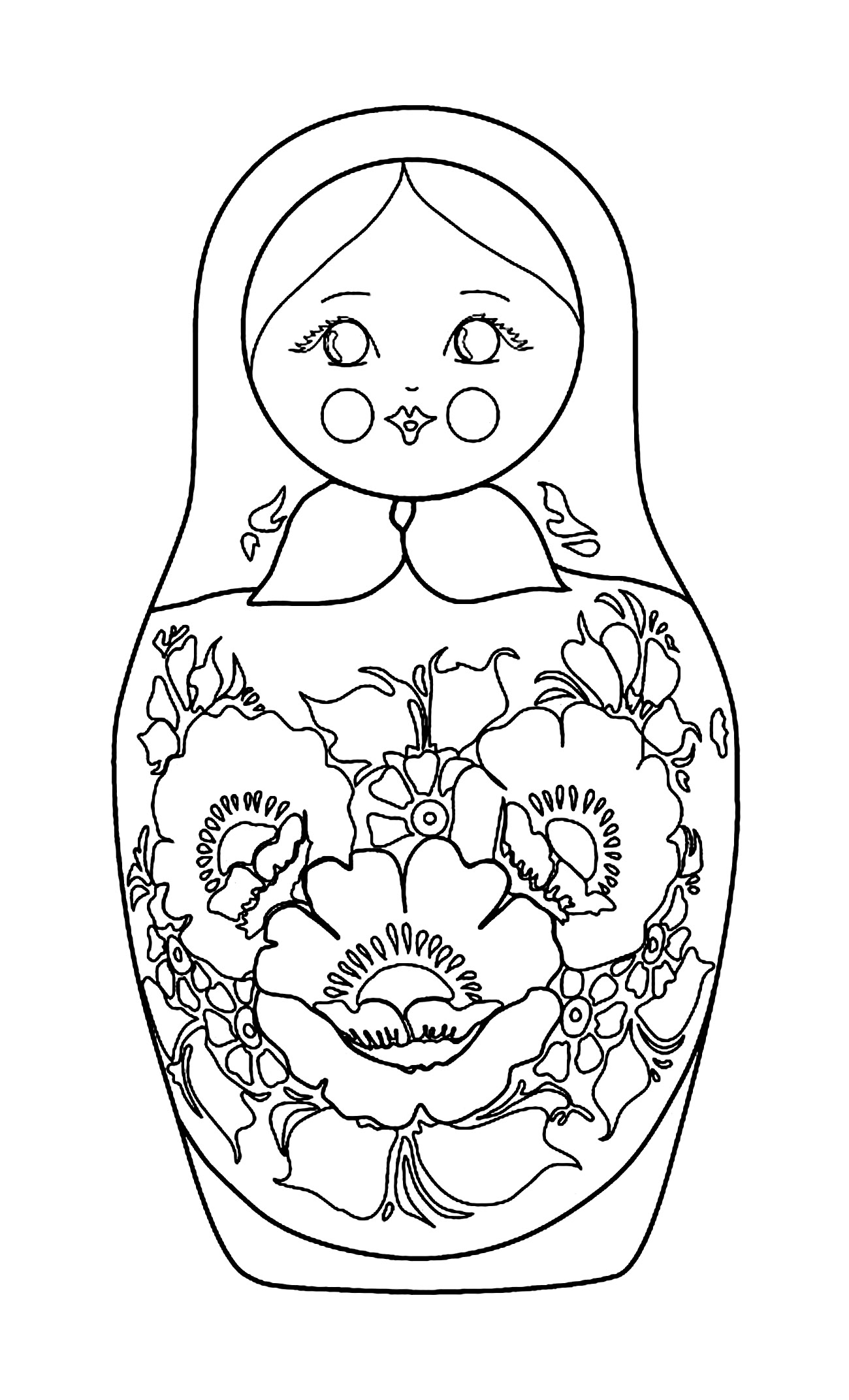 Color this Russian doll and her flowered patterns