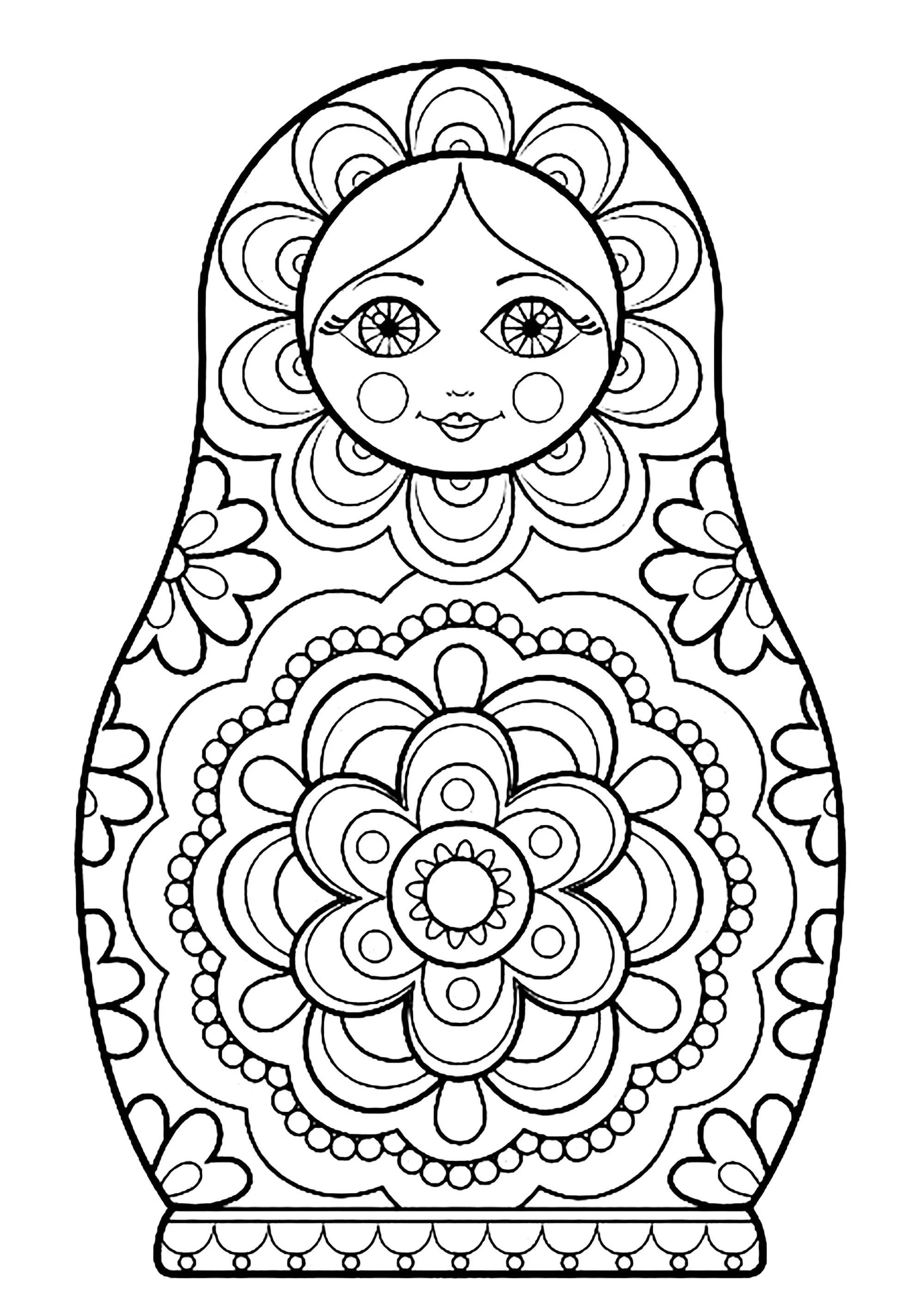 Russian doll with a beautiful Mandala at the belly level (Printable Coloring Page for adults)