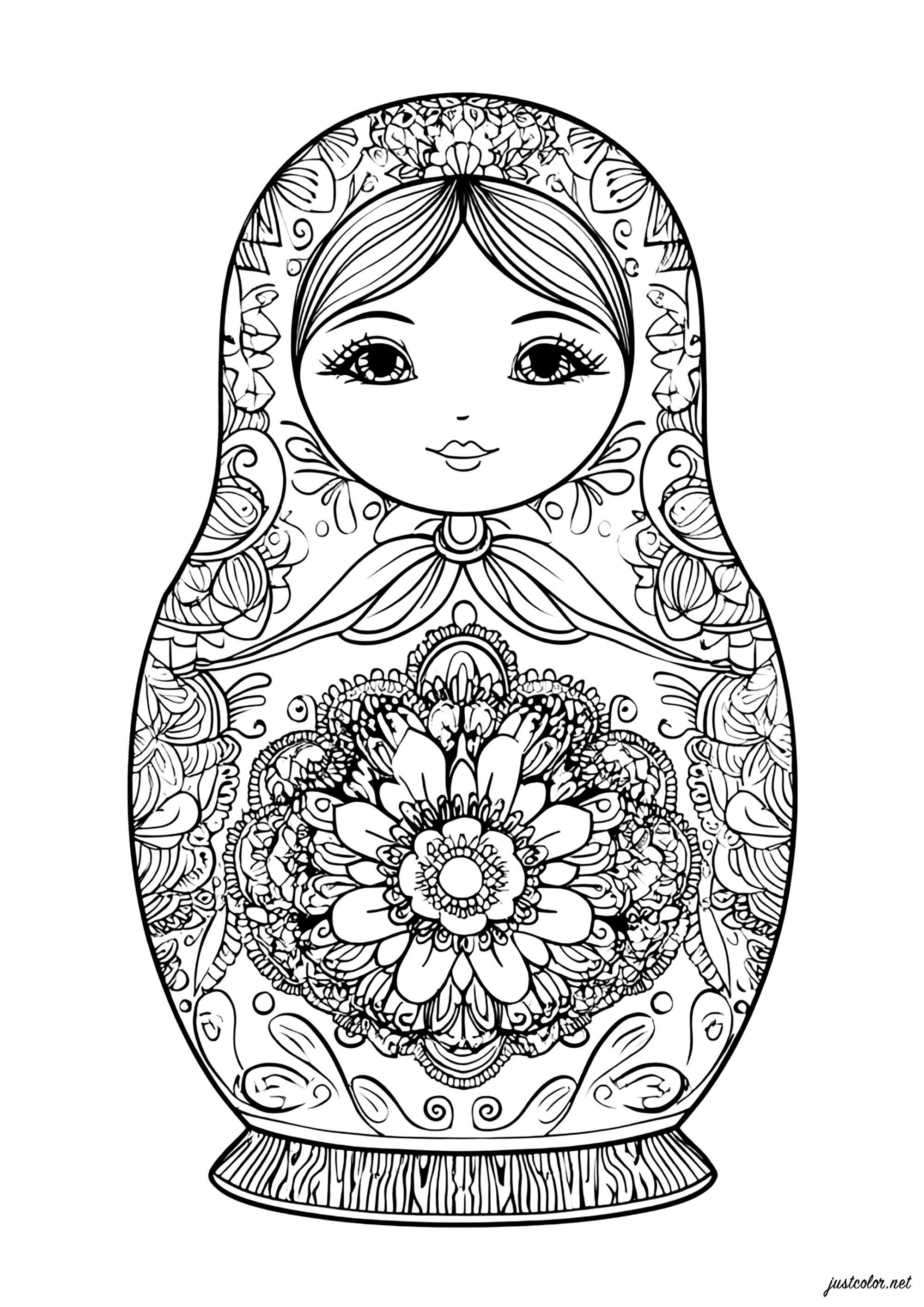 Russian doll and intricate floral motifs (Printable Coloring Page for adults)