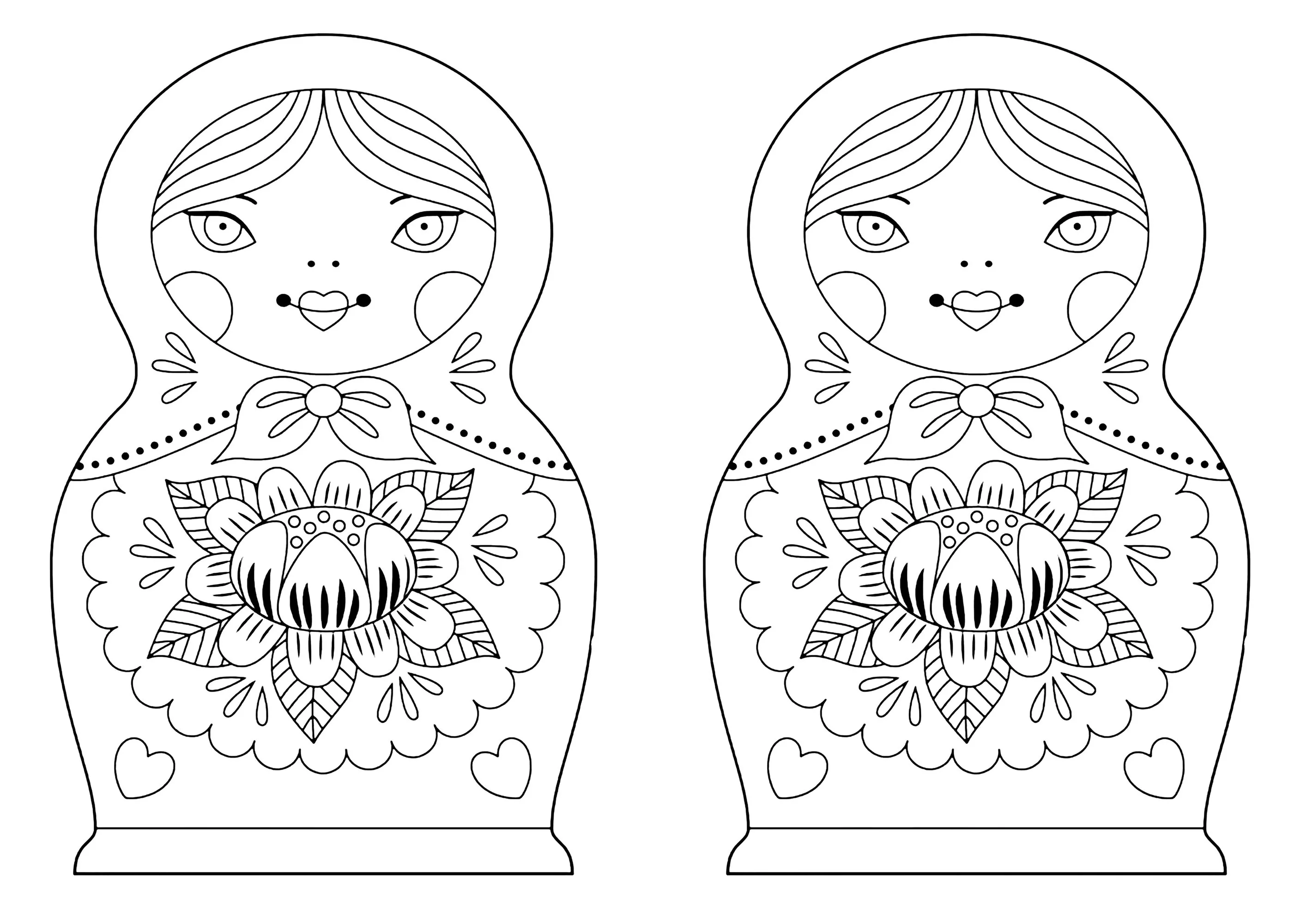 Two Russian dolls with lotus flower (Printable Coloring Page for adults)