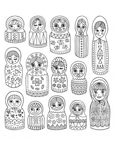 Coloring adult cute russian dolls