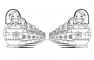 Coloring page adult russian dolls perspective double