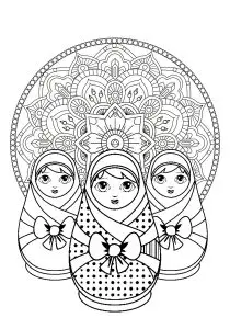Three Russian dolls with beautiful Mandala in background