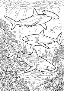Underwater exploration with three majestic sharks