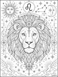 Leo zodiac sign. A majestic lion with a richly adorned mane, surrounded by celestial symbols, the Sun, the Moon, stars, and the astrological symbol of Leo. This fire sign, associated with people born between July 23 and August 22, is traditionally linked to confidence, creativity, and radiance.