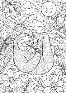 Sloth under the sun. Serene sloth hanging on a branch, surrounded by flowers and birds, with the sun smiling in the background. Sloth under the sun