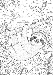 Tropical sloth at sunset. A sloth stretches out peacefully, hanging from a branch surrounded by lush leaves and exotic flowers. Birds twirl in a sky where the sun gently declines behind the clouds. Tropical sloth at sunset
