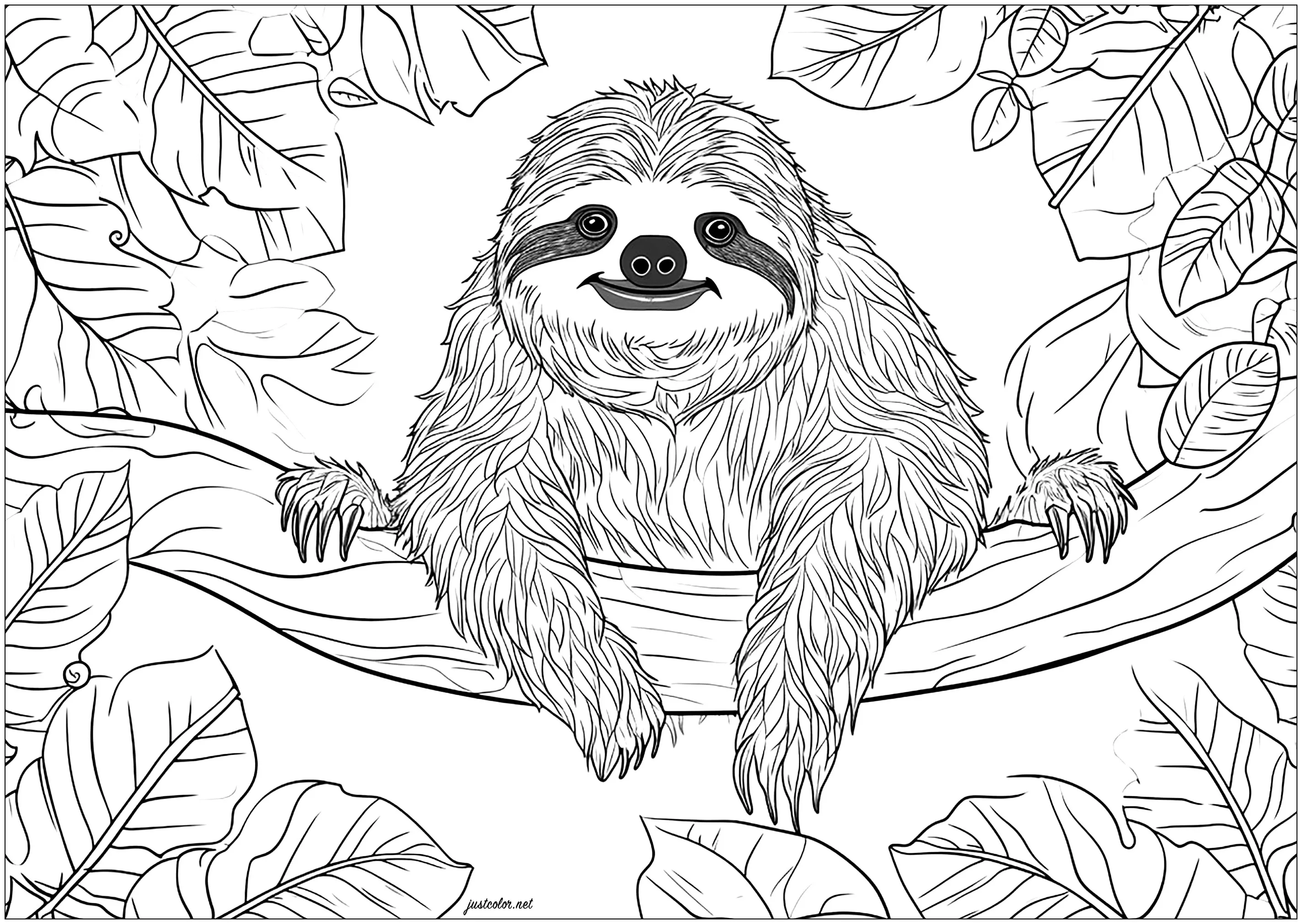 Facetious sloth on a branch (Printable Coloring Page for adults)