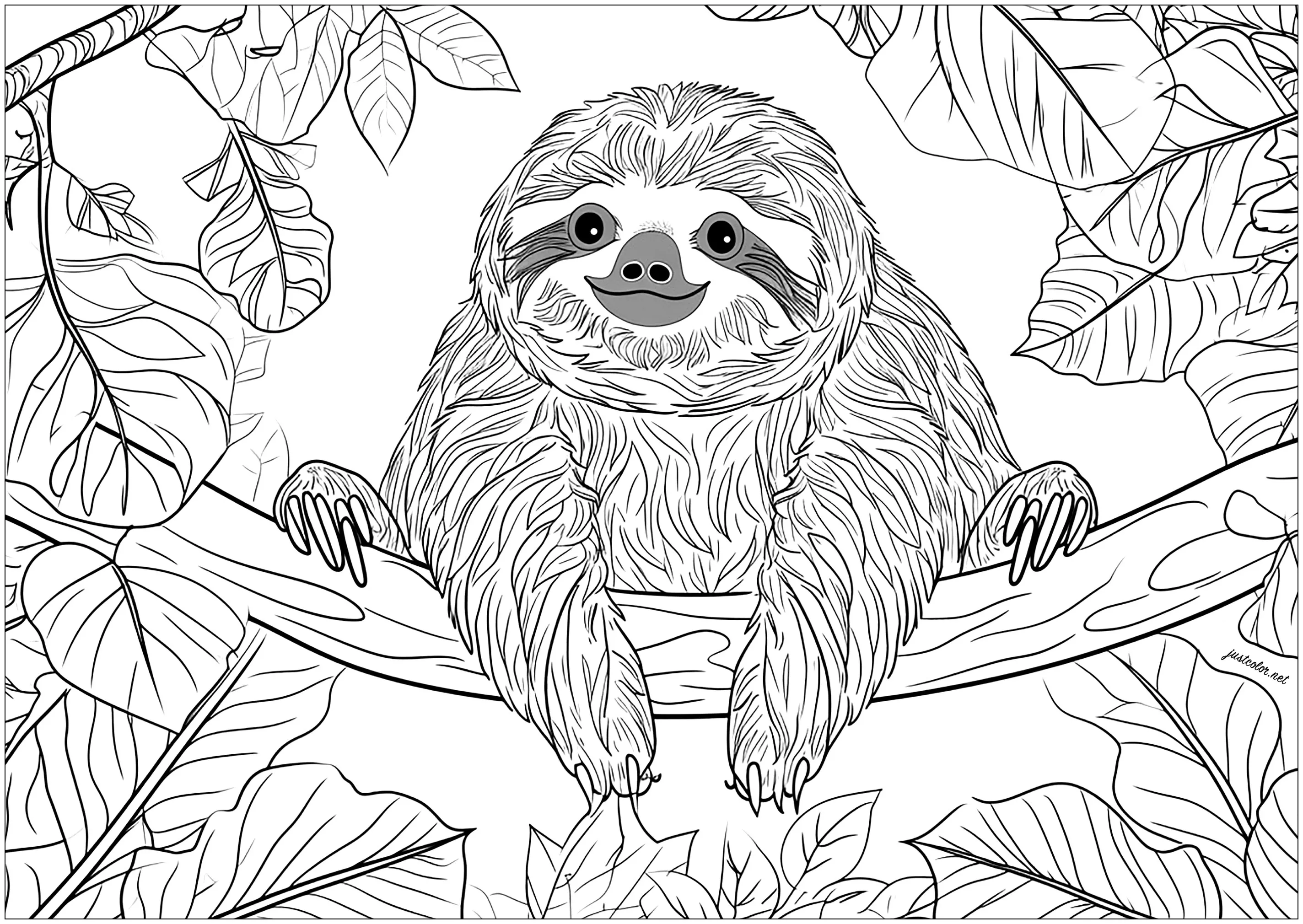 Friendly sloth, playing in a tree (Printable Coloring Page for adults)