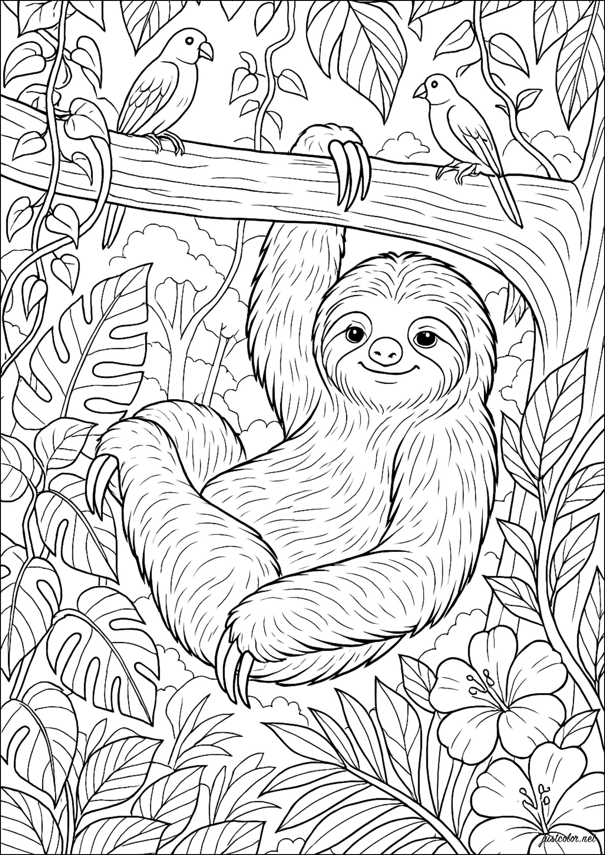 Lazy in the canopy (Printable Sloth Coloring Page for adults)
