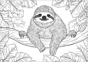 Facetious sloth on a branch (Coloring Page)