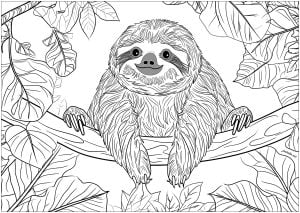 Friendly sloth, playing in a tree (Coloring Page)