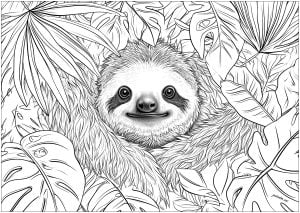 Sloth hiding behind leaves (Coloring Page)