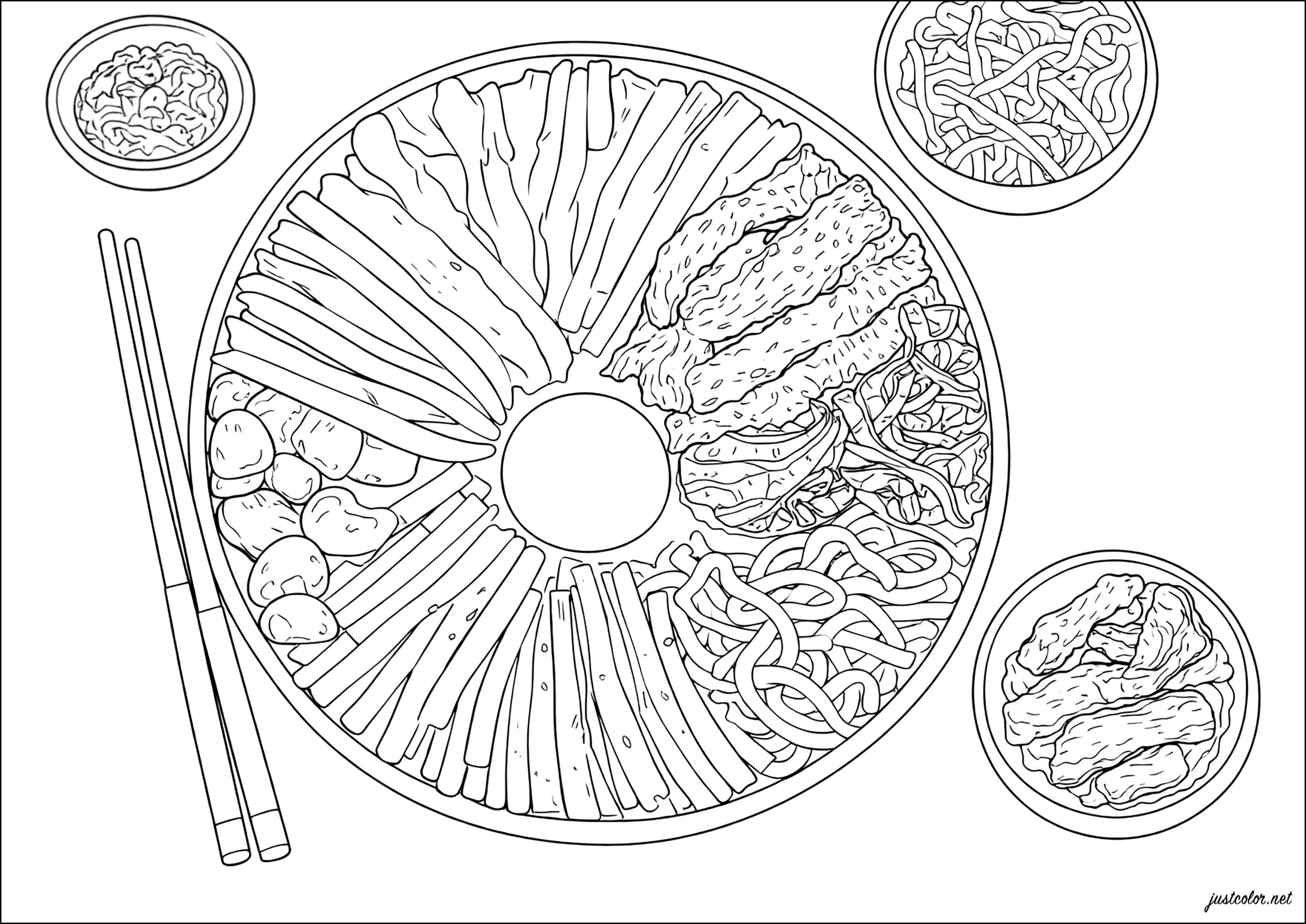Traditional Korean bibimbap: rice bowl garnished with vegetables and side dishes (Printable South Korea Coloring Page for adults)
