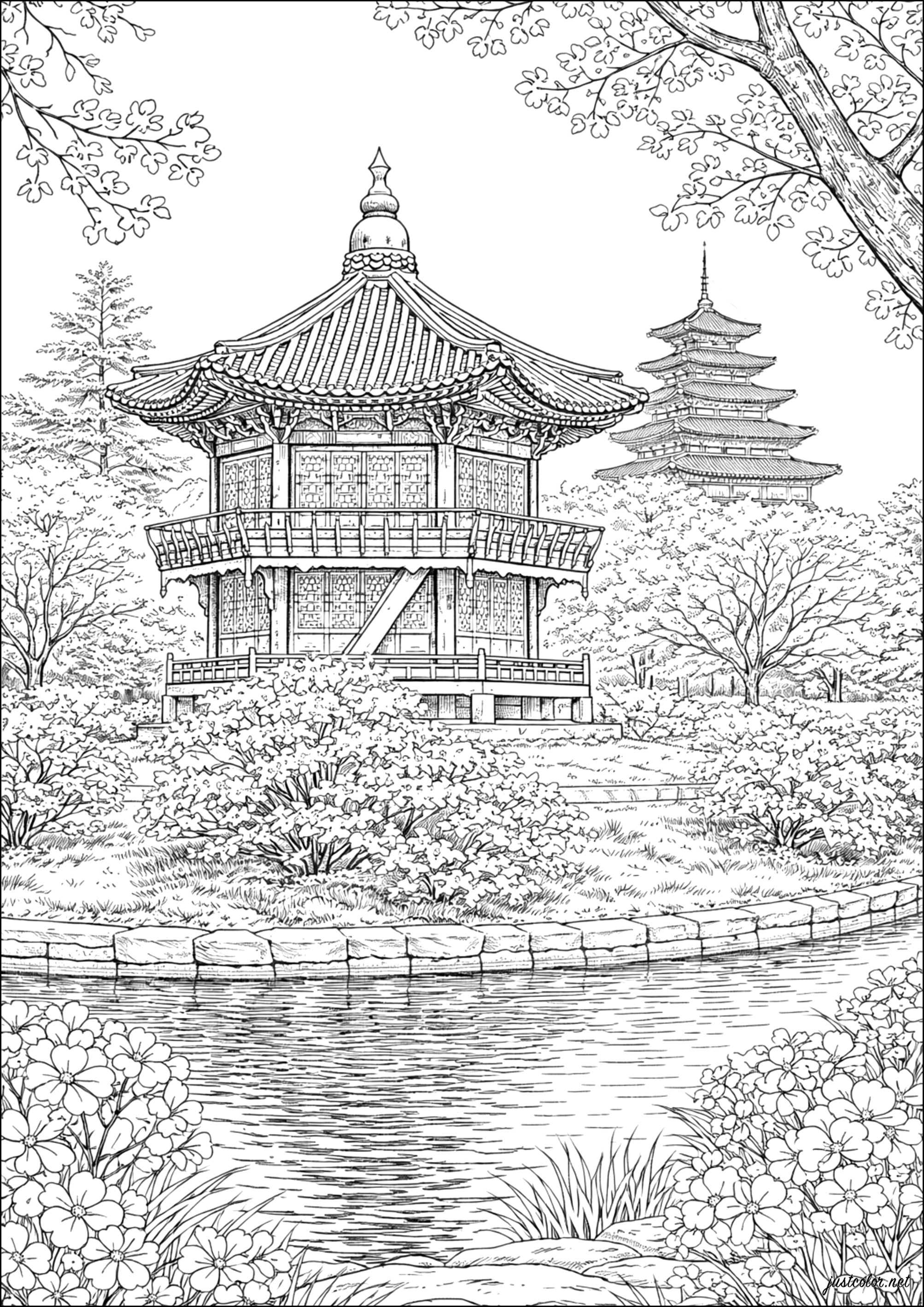 Serene escape in a Korean garden in Seoul (Printable South Korea Coloring Page for adults)