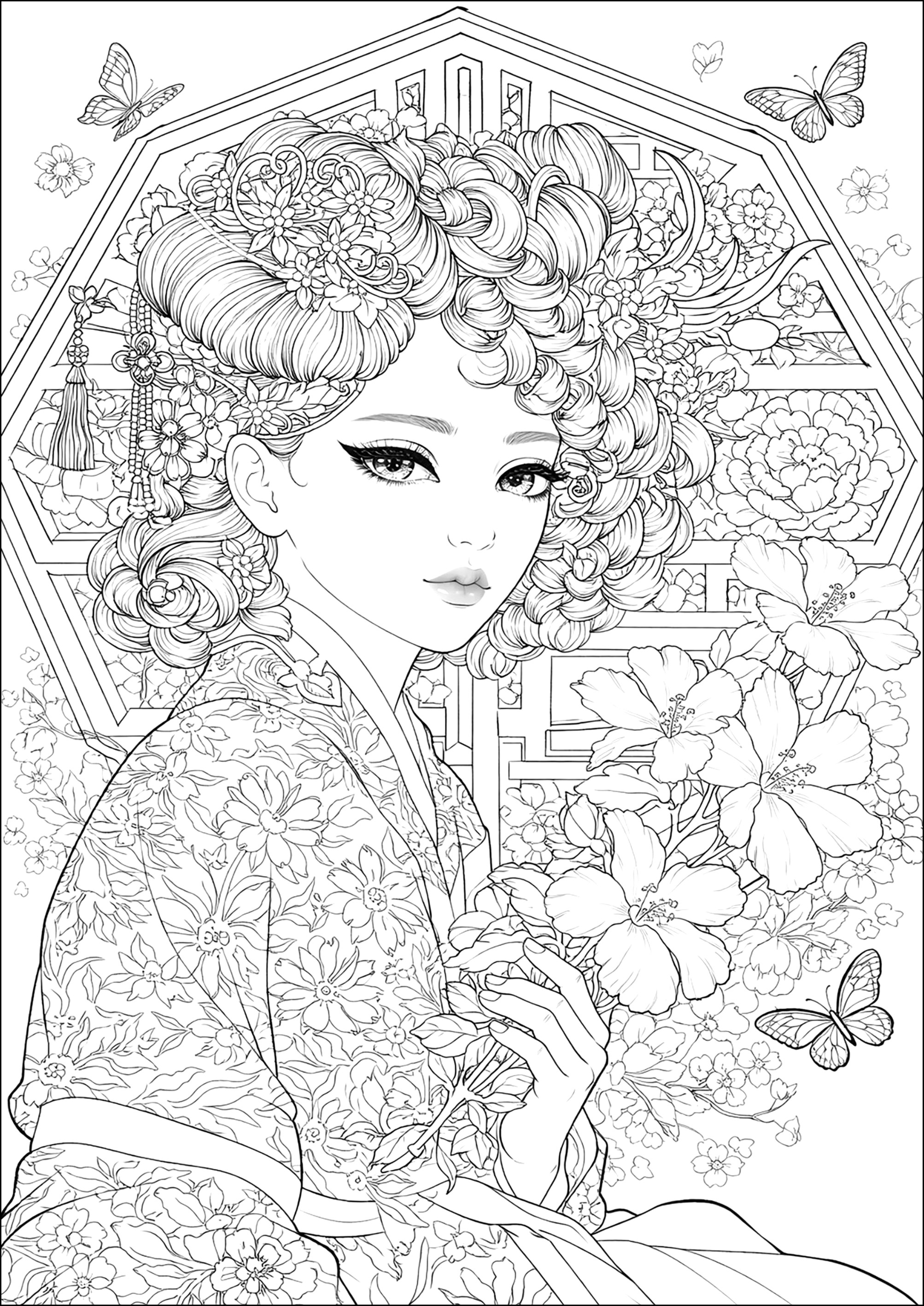 Young Korean woman in traditional hanbok, surrounded by flowers (Printable South Korea Coloring Page for adults)