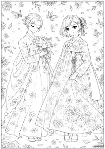 Traditional Korean dress in a peaceful garden