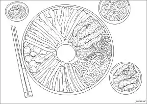 Traditional Korean bibimbap: rice bowl garnished with vegetables and side dishes