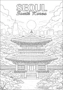 Traditional temple under an urban sky