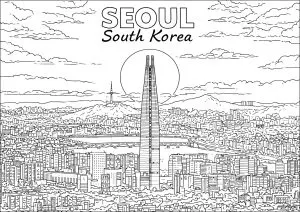 Lotte World Tower and sunset over Seoul