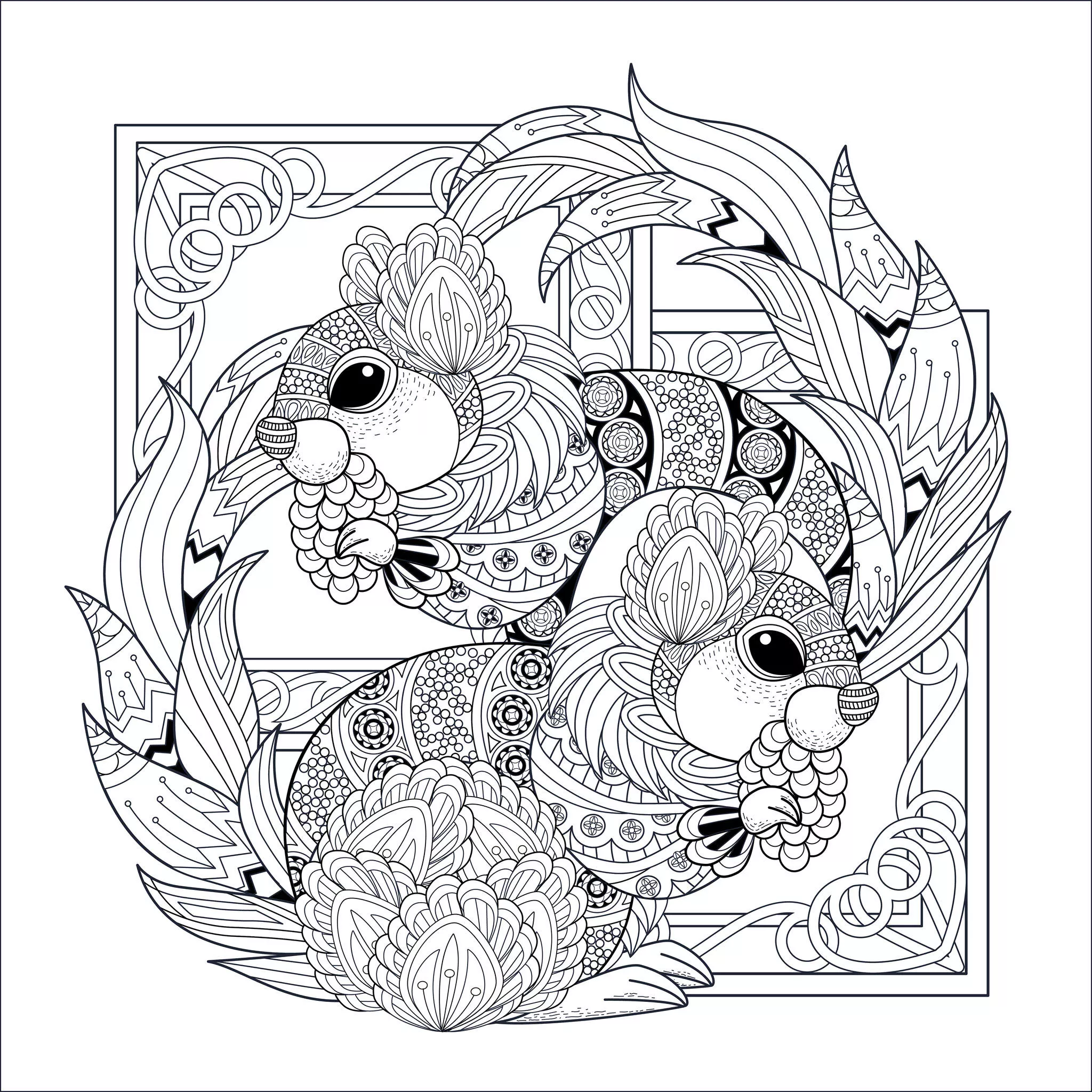 Two lovely squirrels (Printable Squirrel and Rodent Coloring Page for adults)