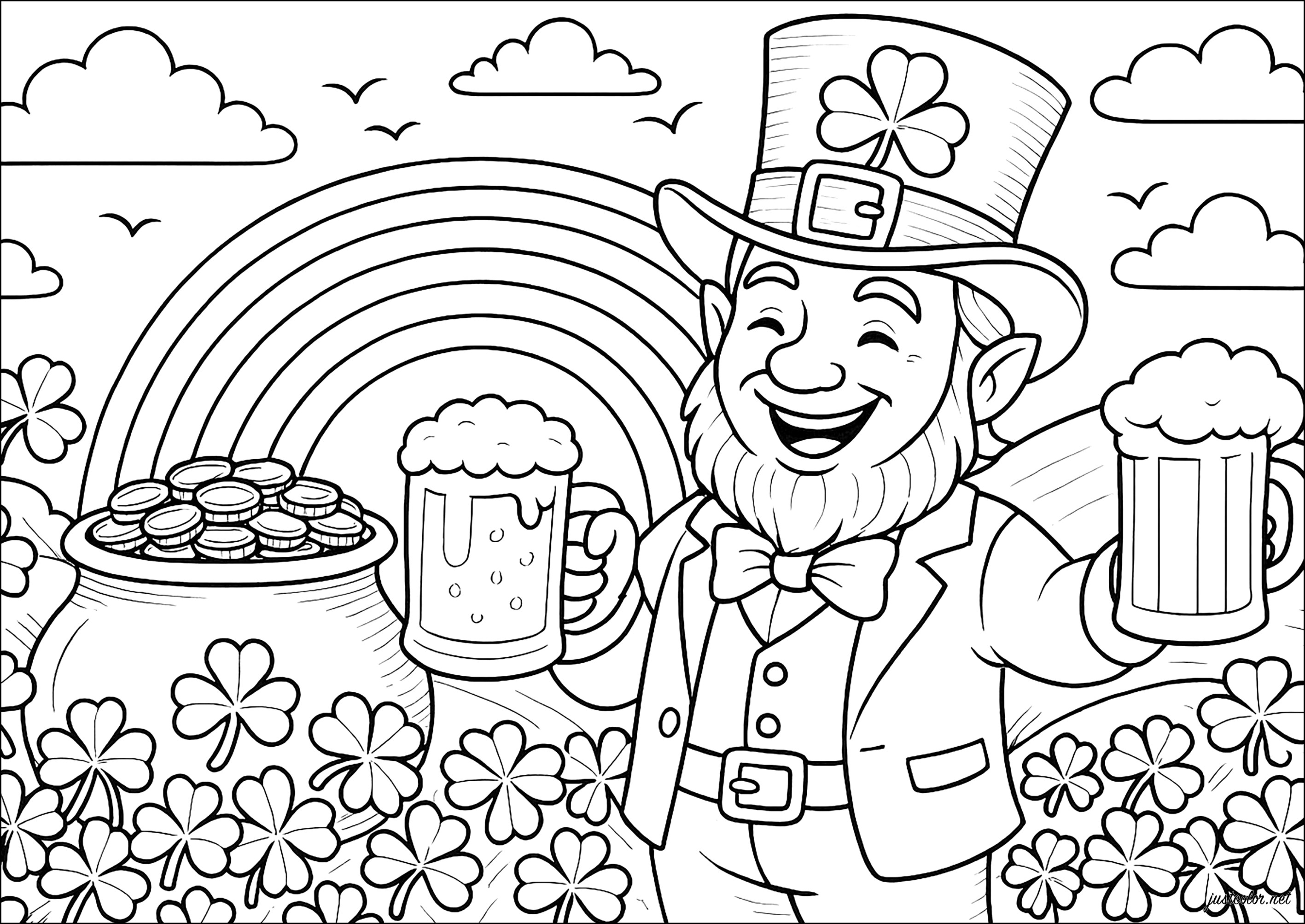 Irish elf and St. Patrick's Day treasure (Printable St. Patrick’s Day Coloring Page for adults)