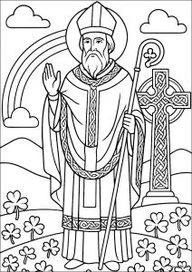 Saint Patrick before the Celtic Cross. Saint Patrick stands on a green promontory, blessing with his right hand and holding a crosier (episcopal staff), before a majestic Celtic cross adorned with knots. A rainbow stretches across the Irish sky above hills covered in shamrocks.