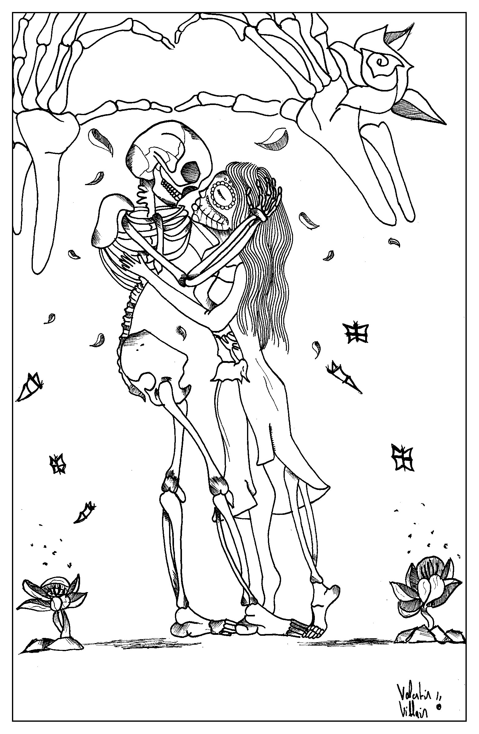 A Valentine's Day coloring page with loving Skeletons, Artist : Valentin