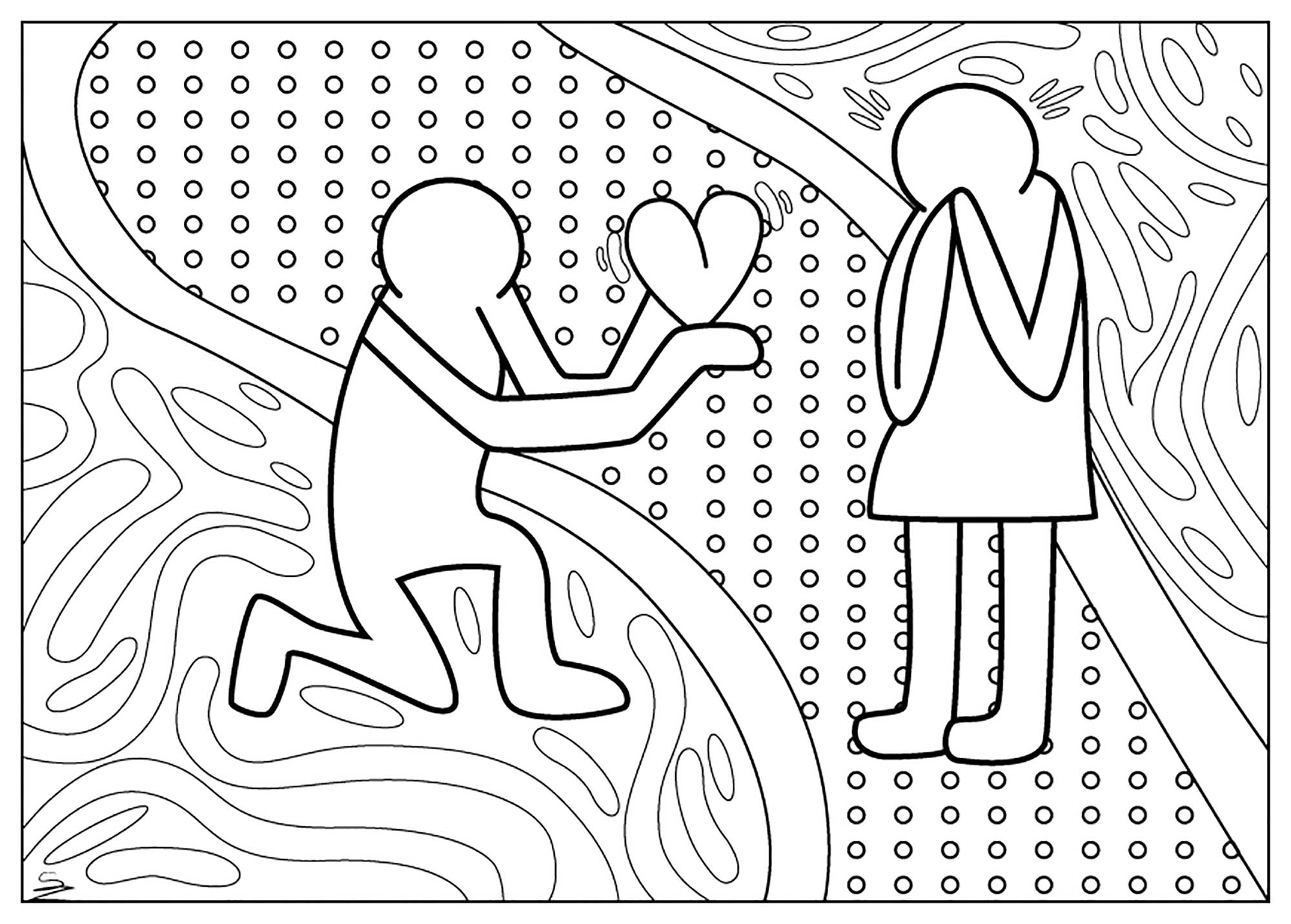 A Valentine's Day coloring page inspired by the works of Keith Haring. This coloring page for adults is an original way to celebrate Valentine's Day. It's inspired by the works of Keith Haring, an American artist who left his mark on contemporary art in the 80s.This coloring page is a skilful blend of abstract and pop art, which you can sublimate with your colors... and perhaps give to your lover!, Artist : Juline