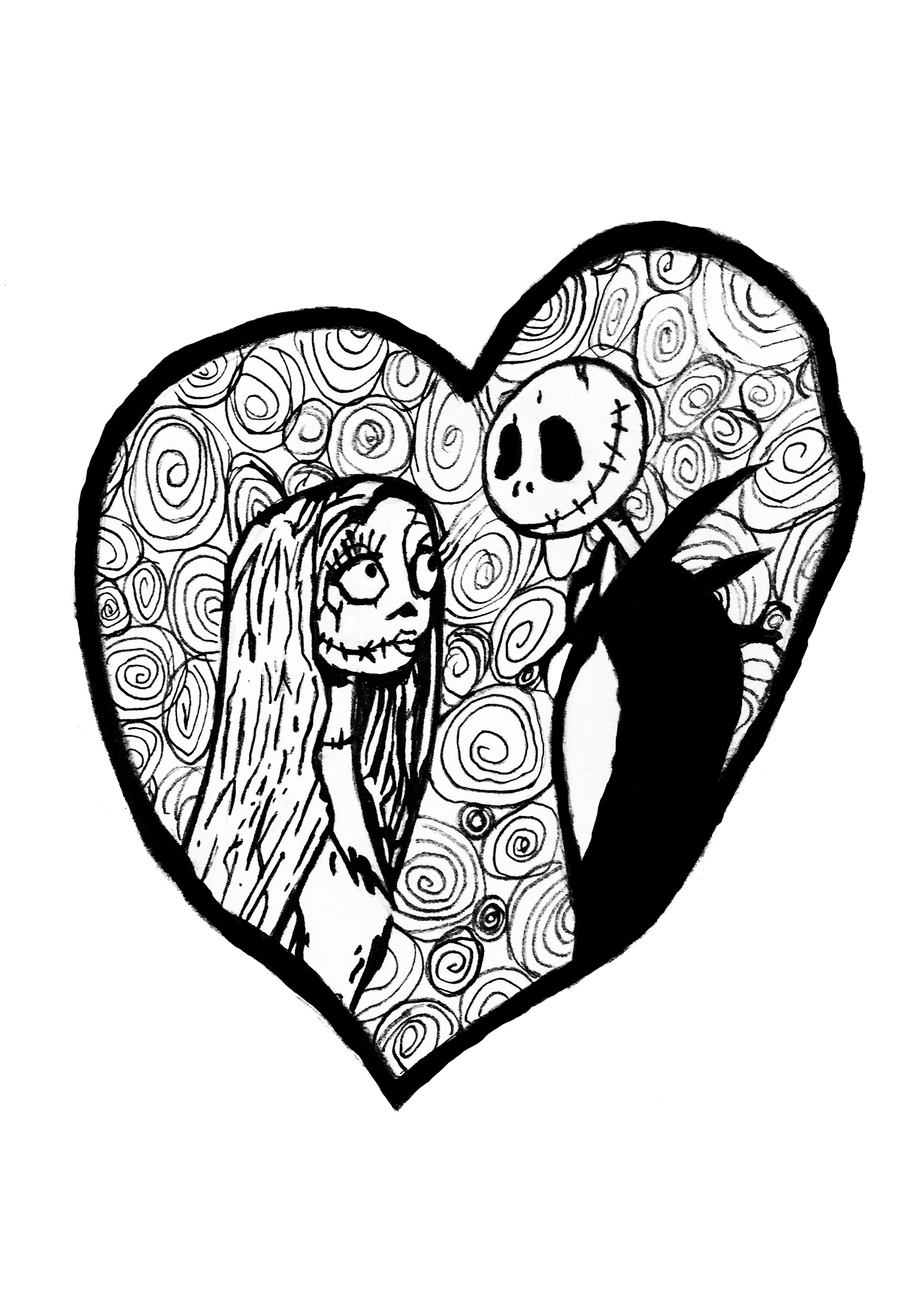 Jack & Sally from the movie Tim Burton's The Nightmare Before Christmas, together in a coloring page for the Valentine's day, Artist : Romain Delcroix