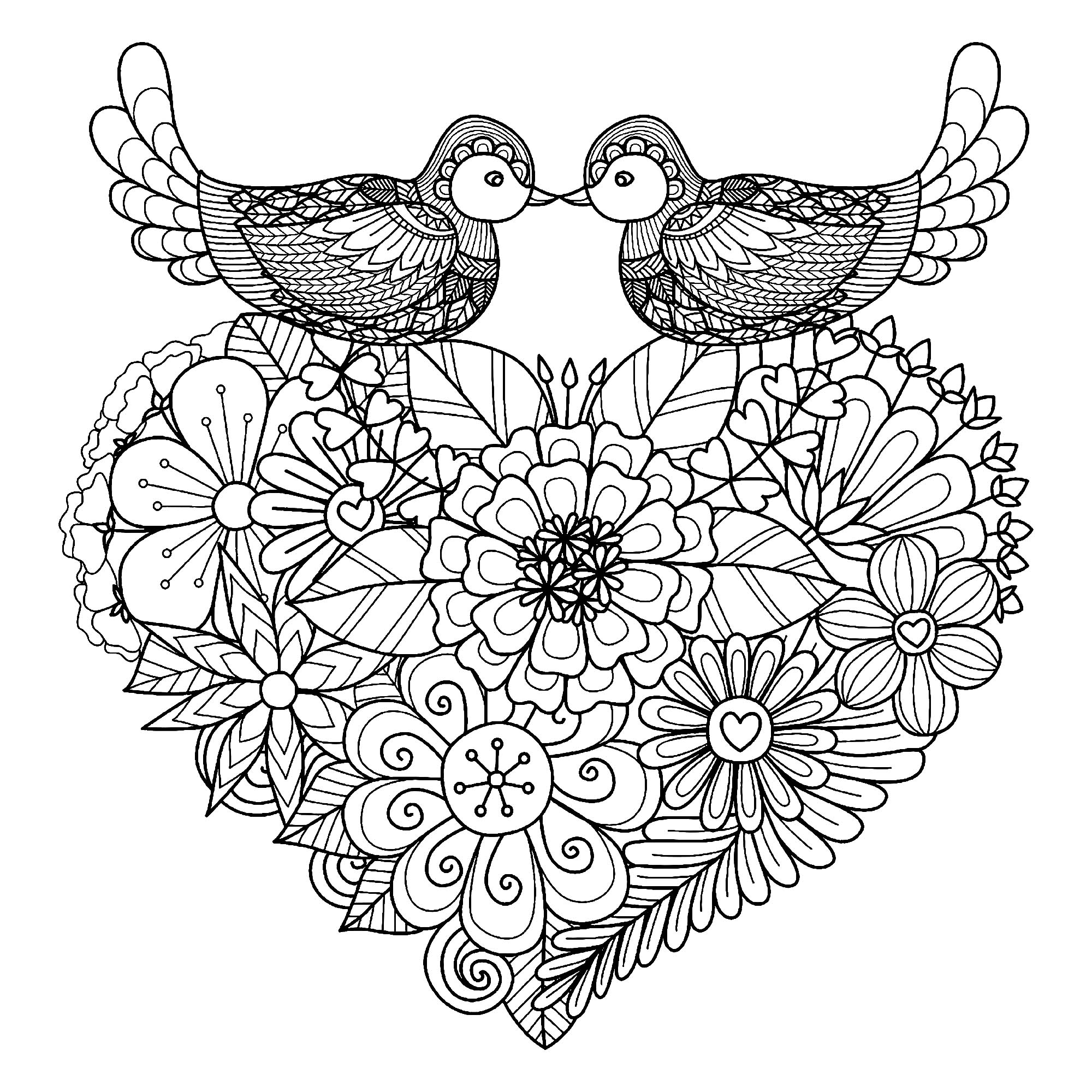 Color these two symmetrical birds resting on a heart full of original flowers, Artist : Bimdeedee   Source : 123rf