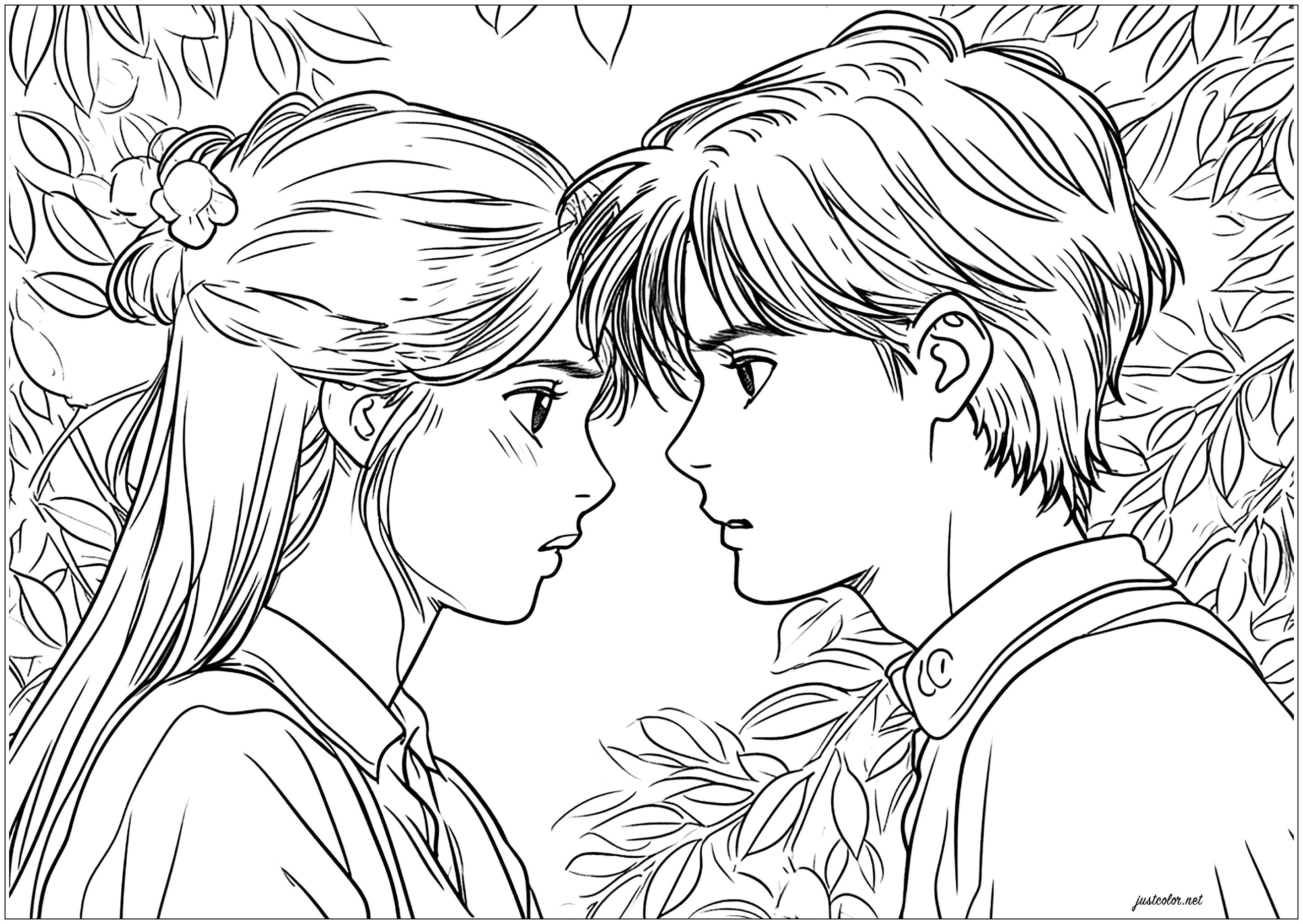 Manga-style coloring drawing for Valentine's Day