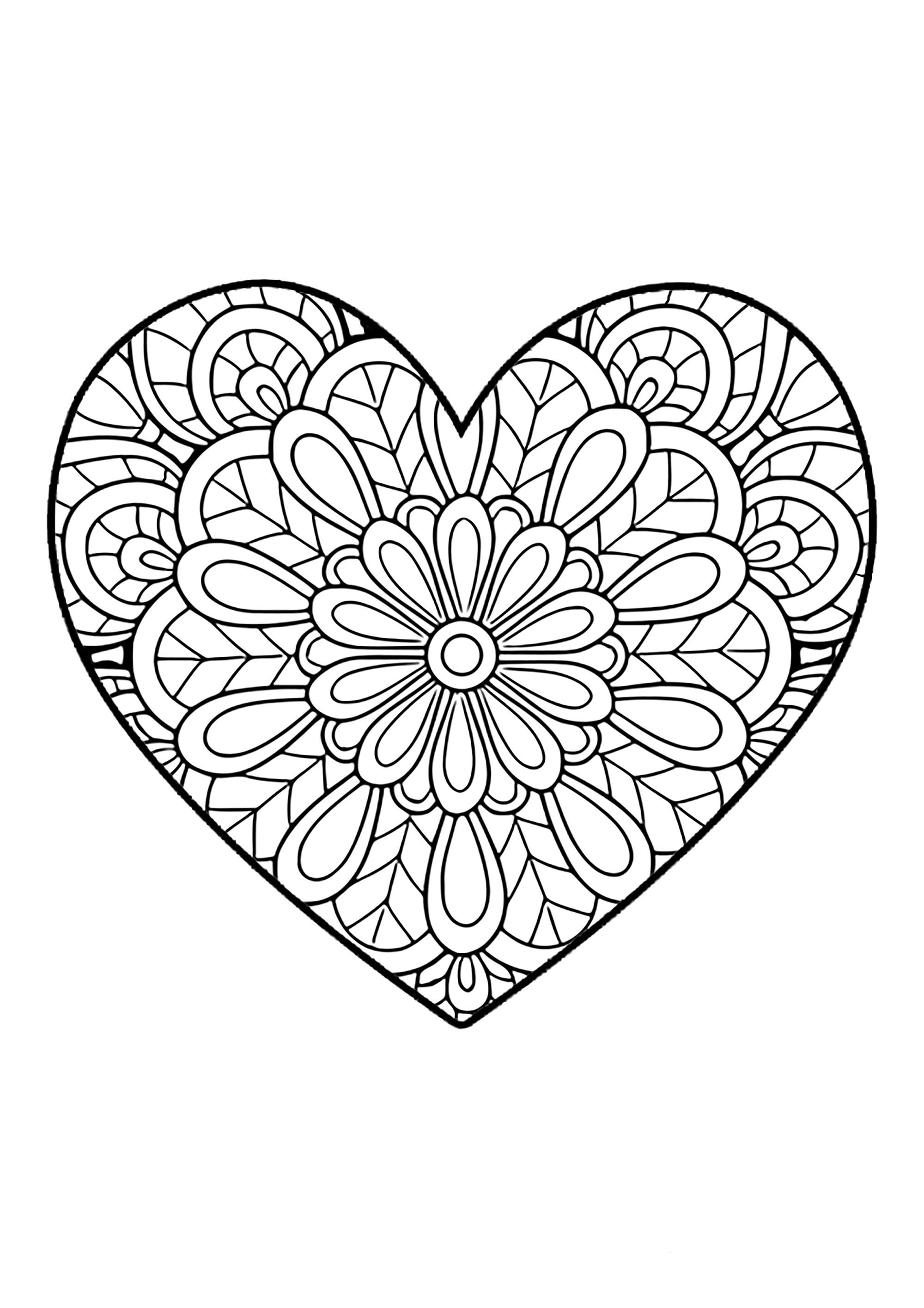 Valentine’s Day Coloring Page : Heart patterns with simple internal motifs Printable Valentine’s Day Coloring Page for adults : Heart patterns with simple internal motifs