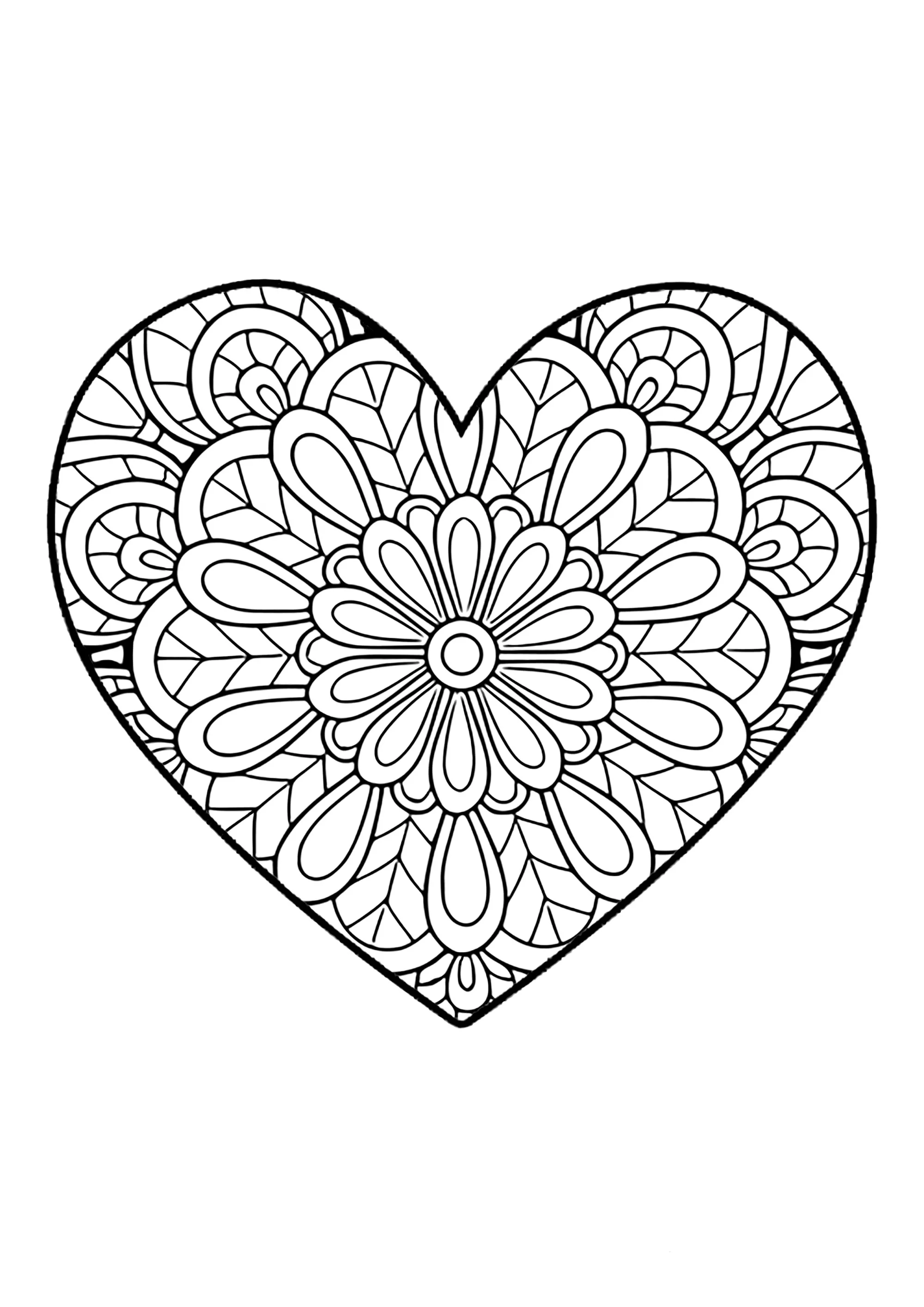 Heart patterns with simple internal motifs (Printable Valentine’s Day Coloring Page for adults)