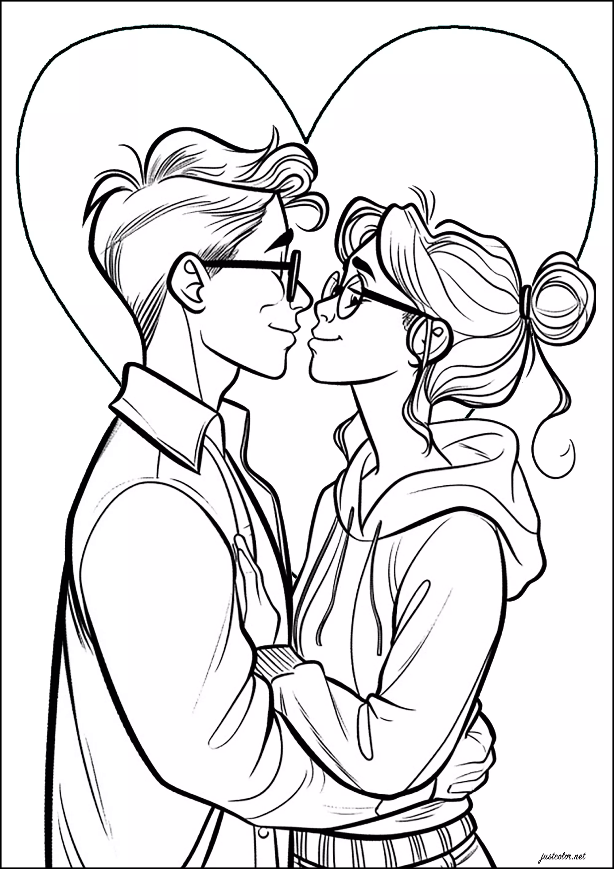 Young lovers with hearts in the background (Printable Valentine’s Day Coloring Page for adults)