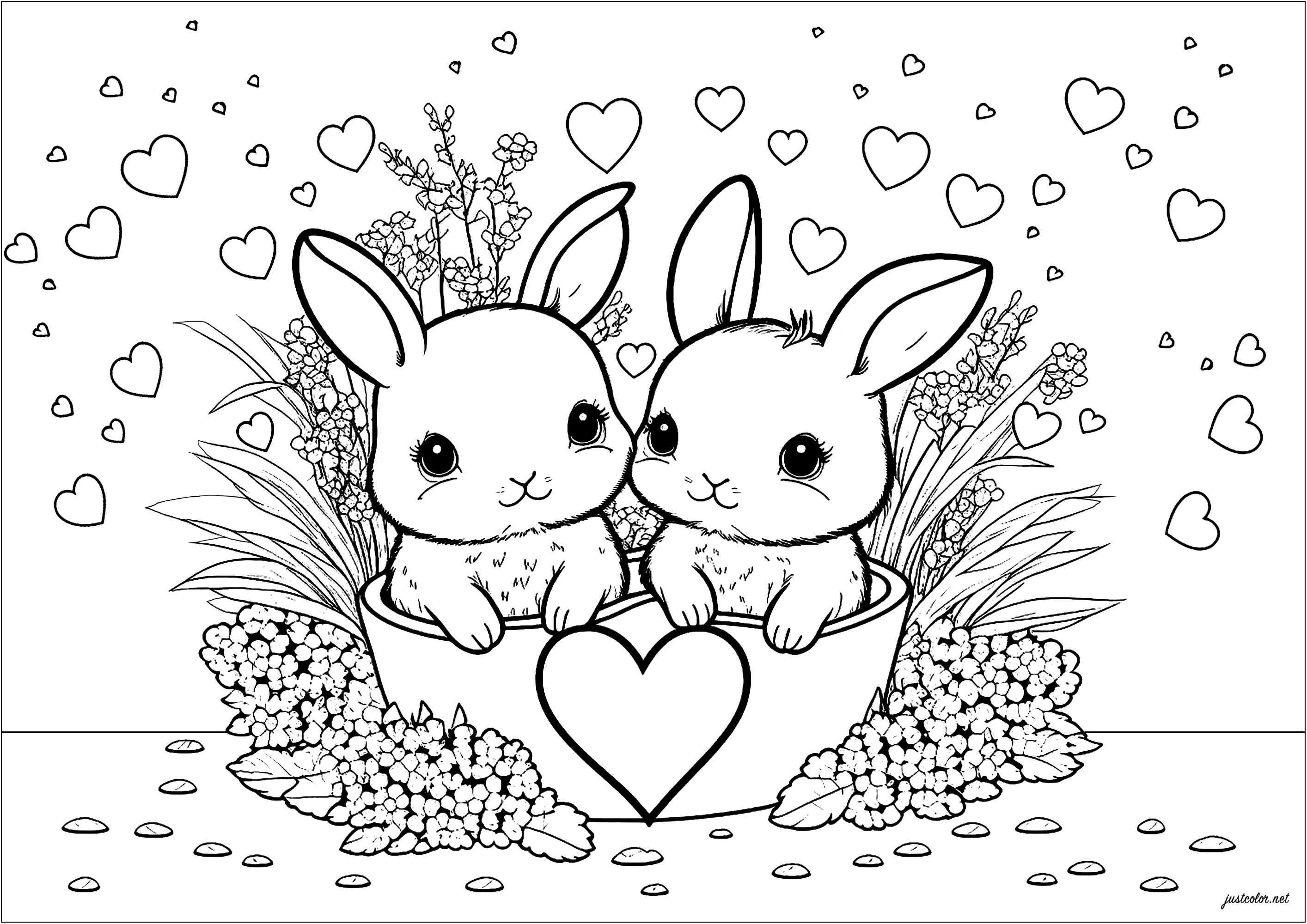 Simple coloring page showing two rabbits and many hearts. This coloring page is really cute and childlike. It features two little rabbits surrounded by lots of colorful hearts. The bunnies are very expressive and their ears are big and soft.