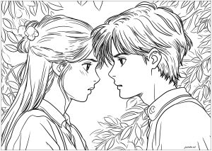 Manga-style coloring drawing for Valentine's Day