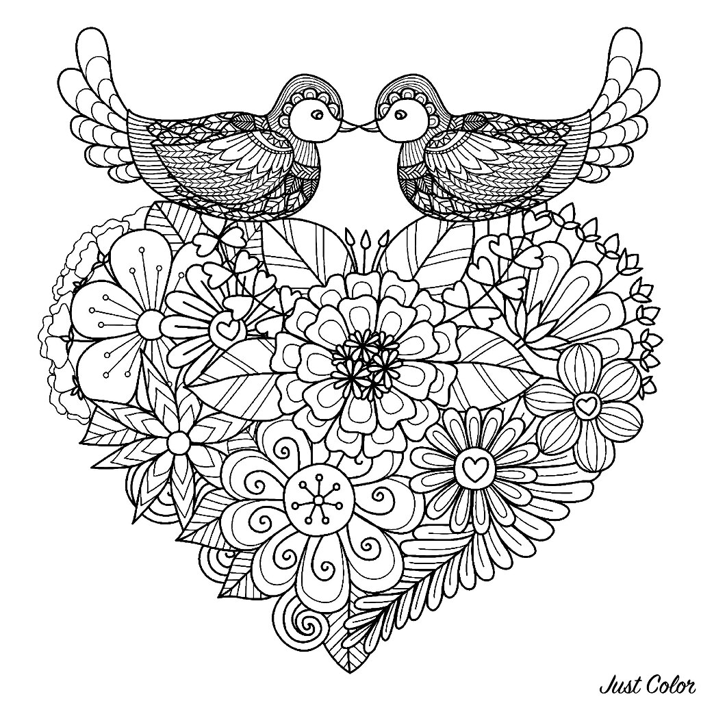 Color these two symmetrical birds resting on a heart full of original flowers