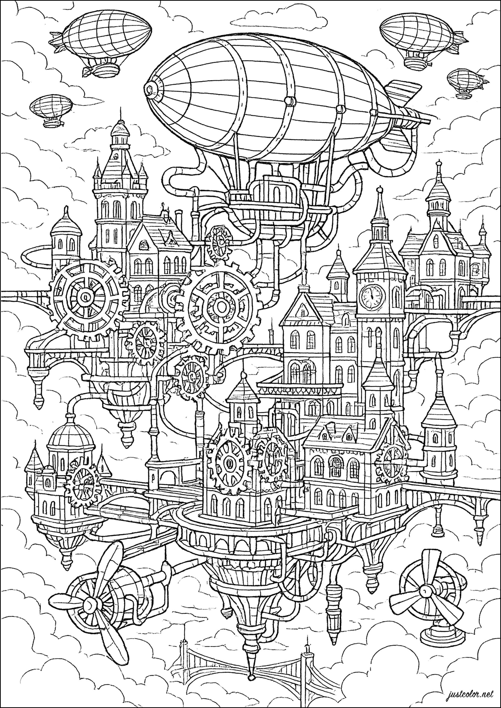 Floating city with flying machines (Printable Steampunk Coloring Page for adults)