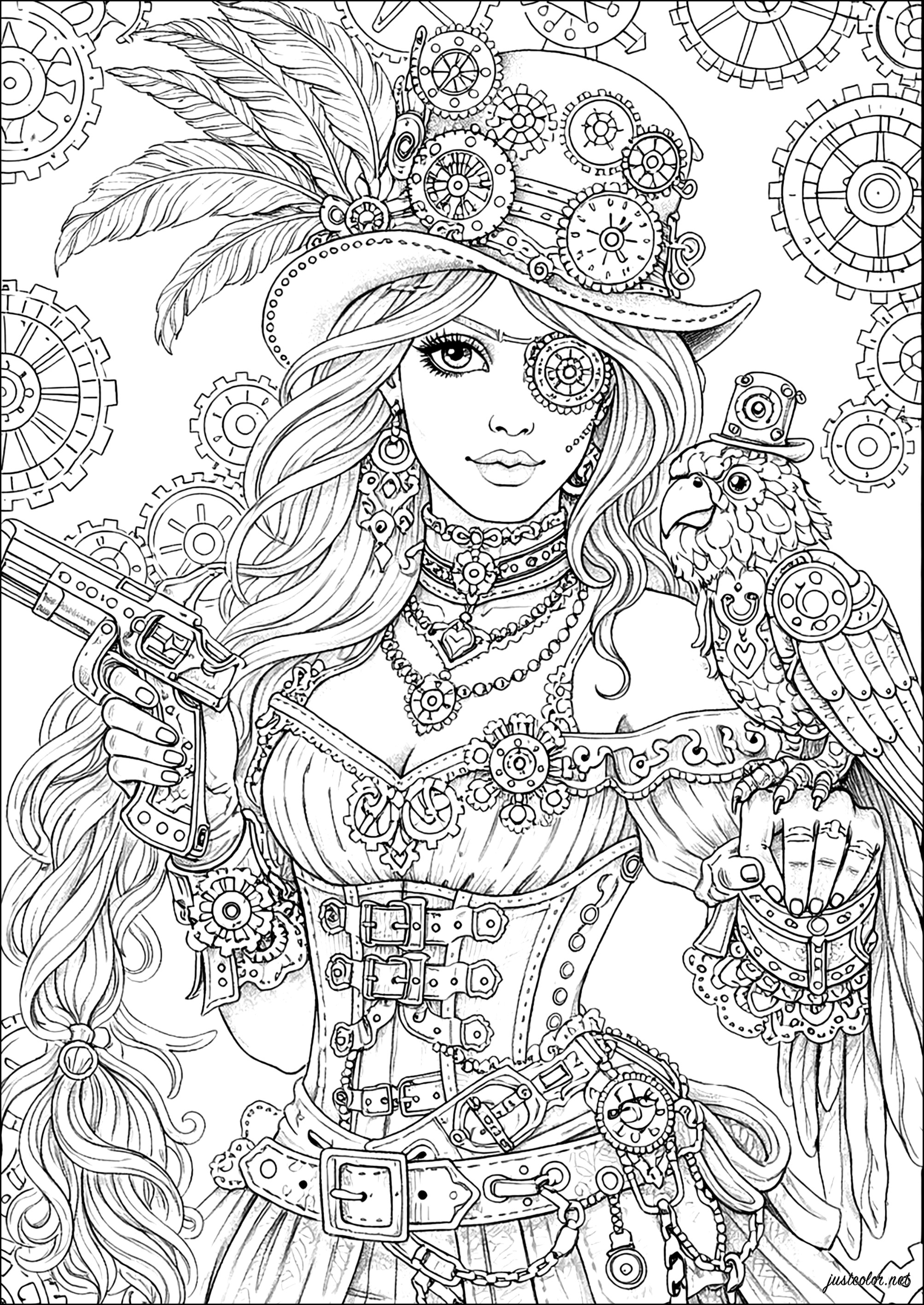 Steampunk adventurer with mechanical parrot (Printable Coloring Page for adults)