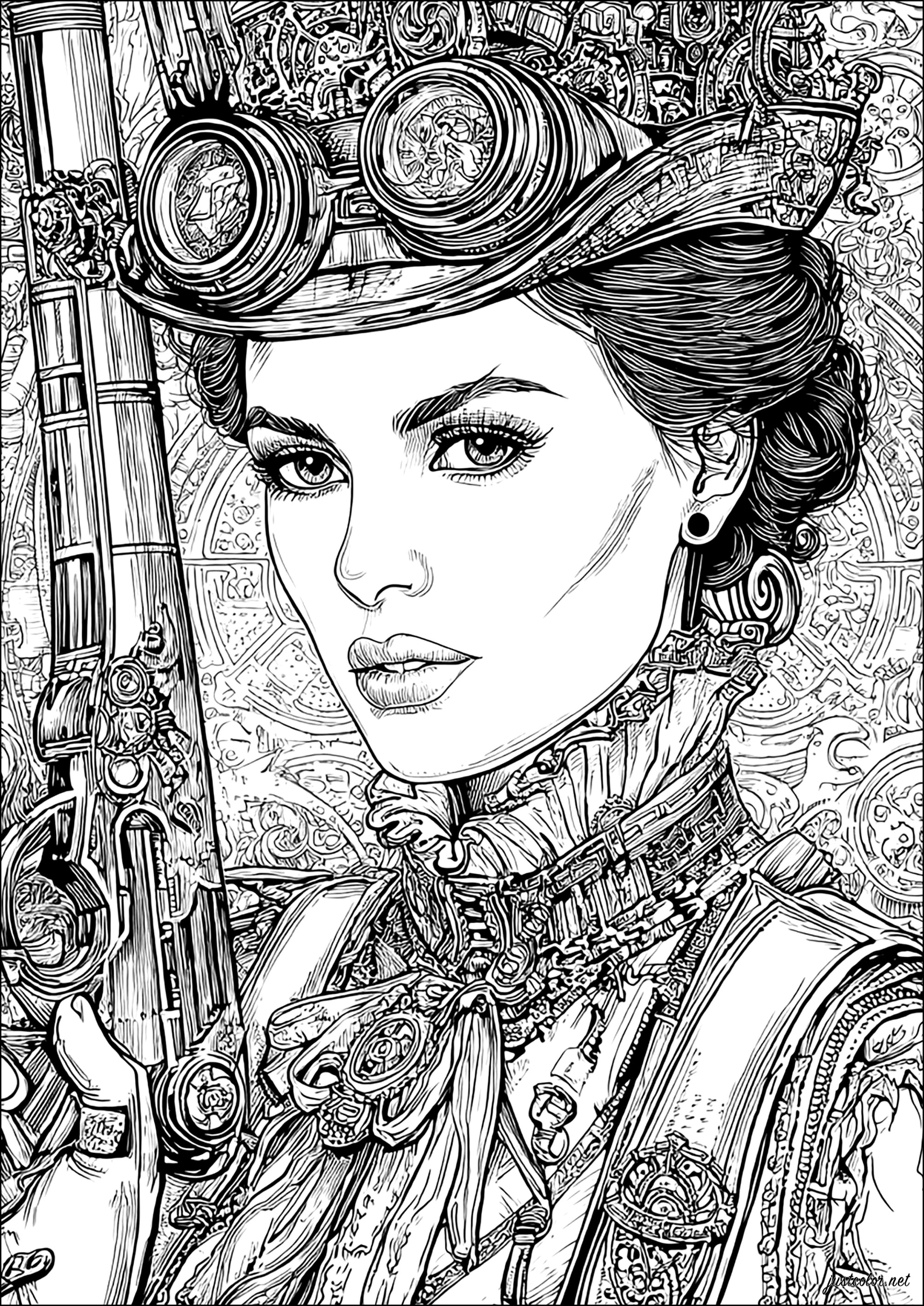 Charming steampunk warrior (Printable Coloring Page for adults)