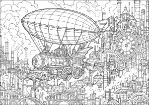 Air travel in a Steampunk city (Coloring Page)