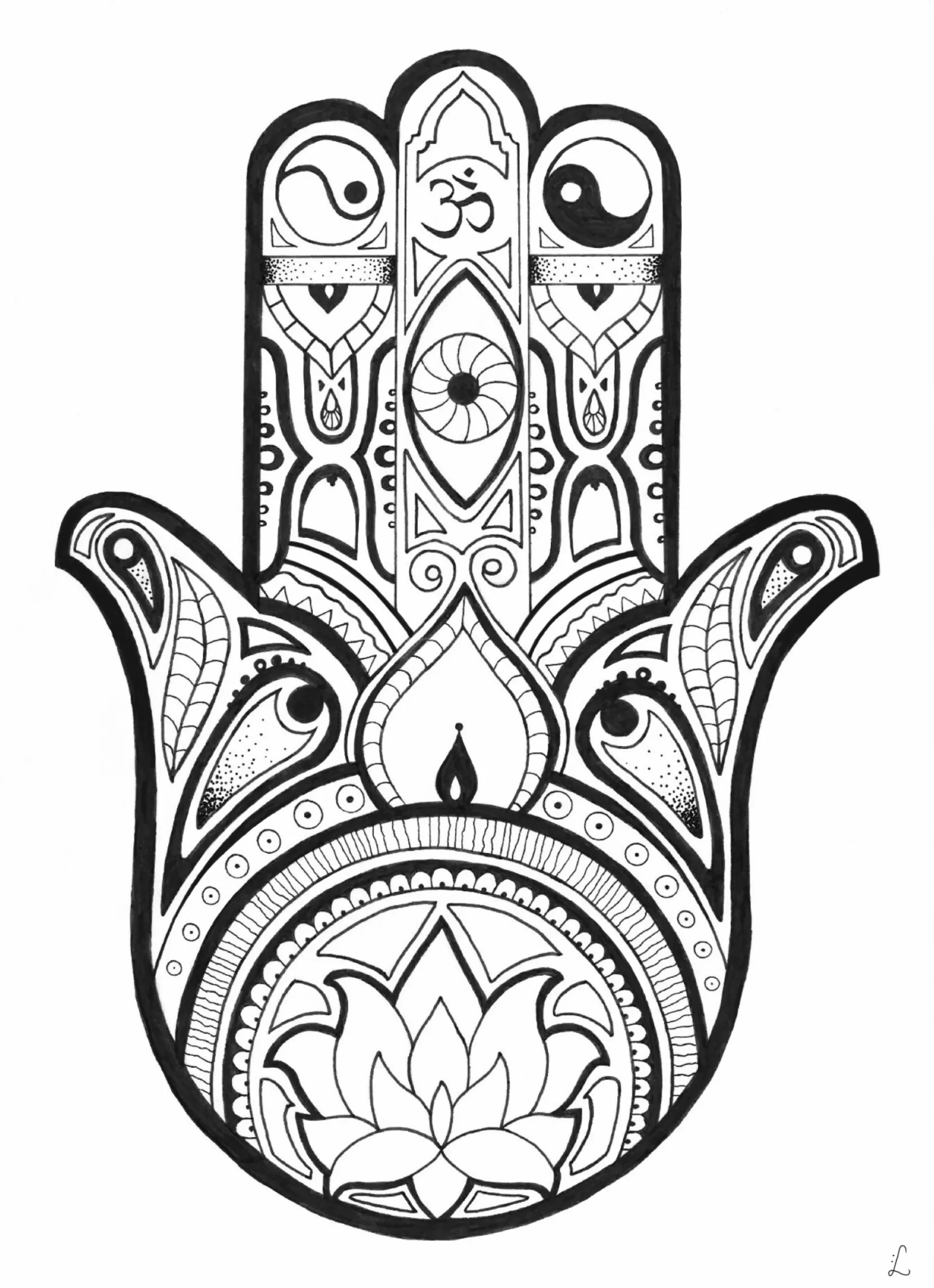 Fatma's beautiful hand with many meticulous details (Printable Tattoo Coloring Page for adults)